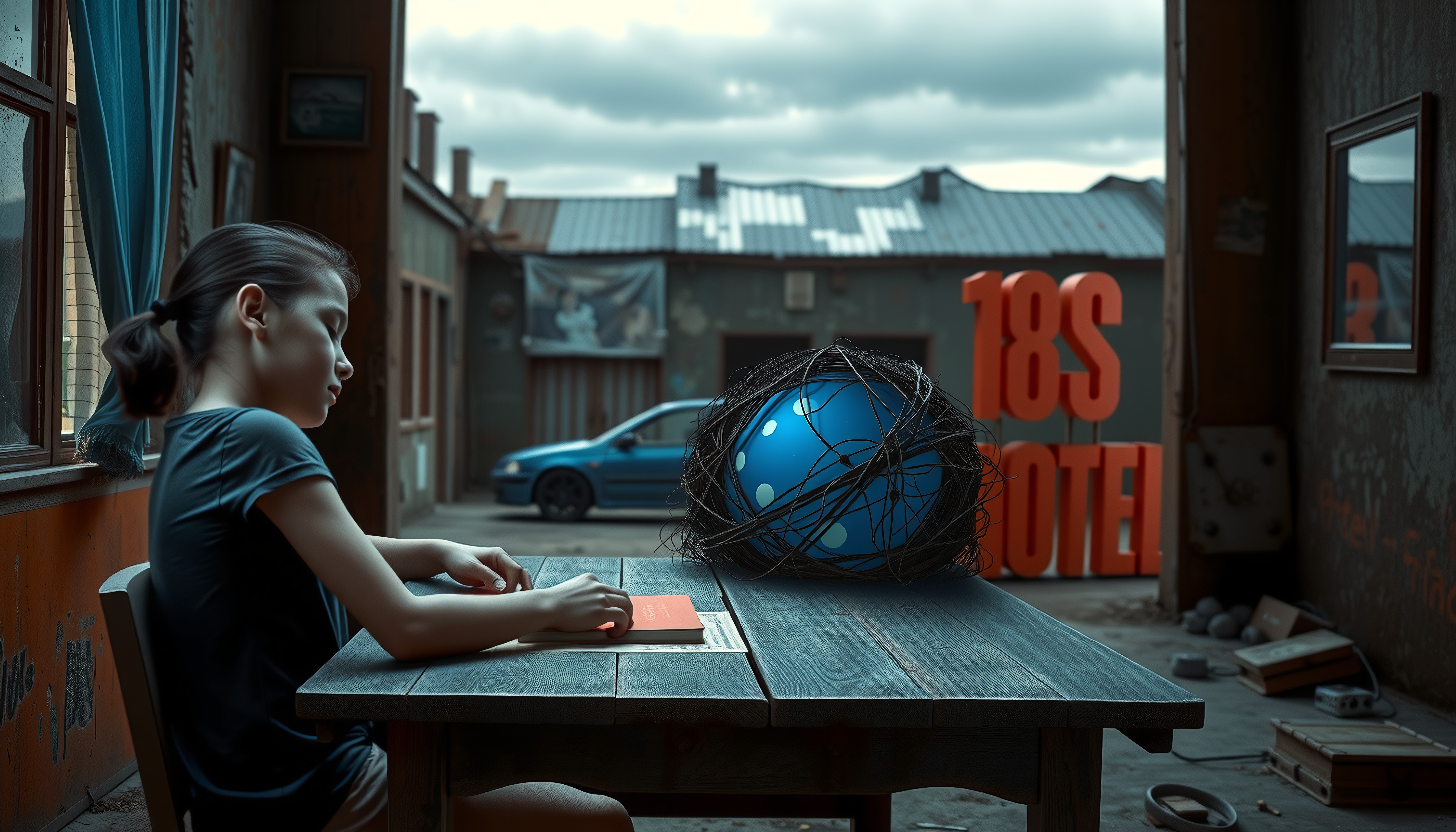 Young Student Studying with Globe in Abandoned Urban Setting
