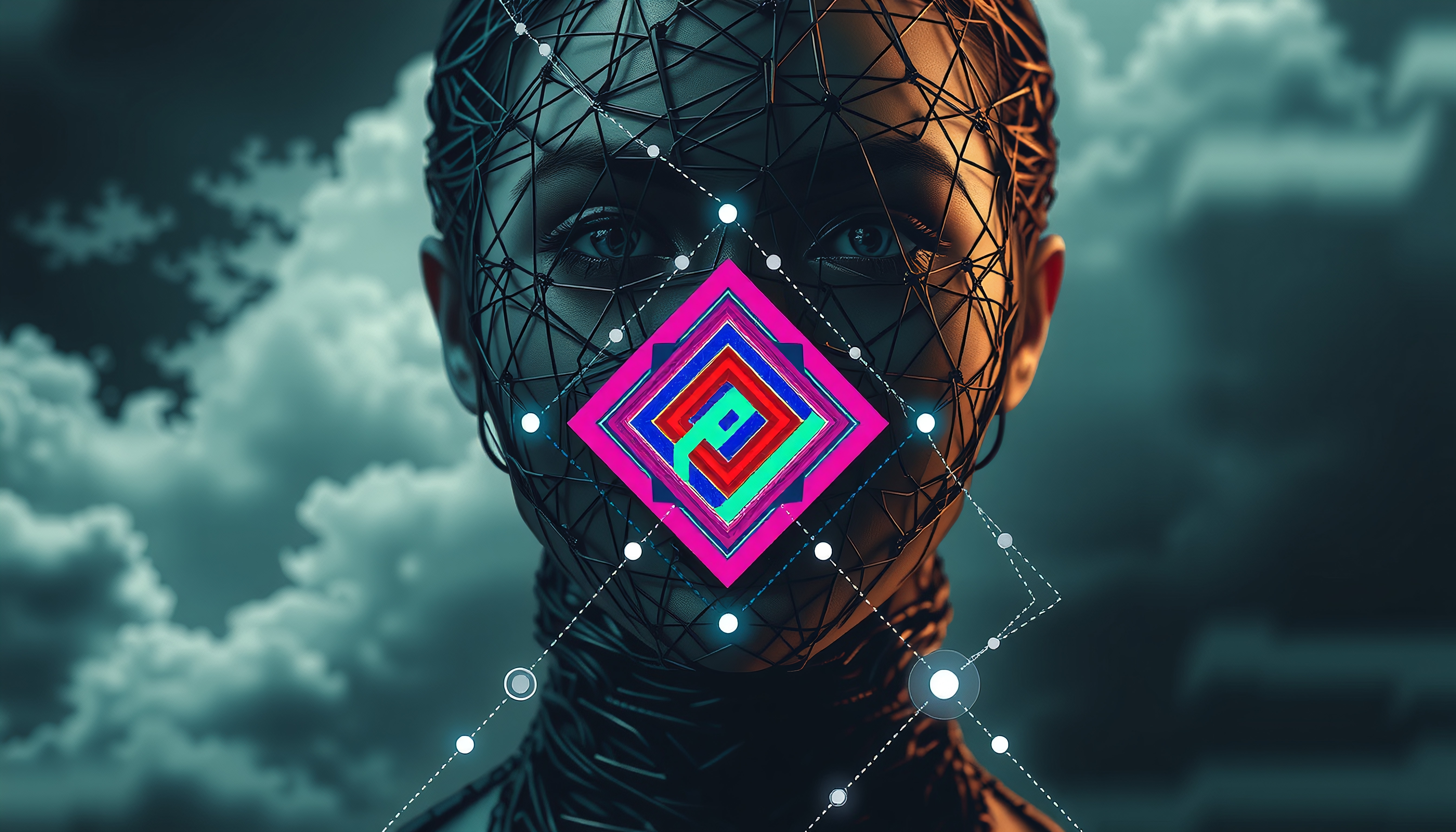 Digital Human with Wireframe Mesh and Vibrant Geometric Logo Aga