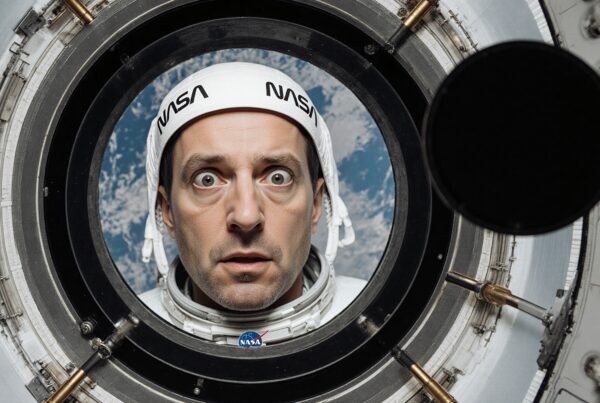Astronaut in spacecraft window with Earth visible.