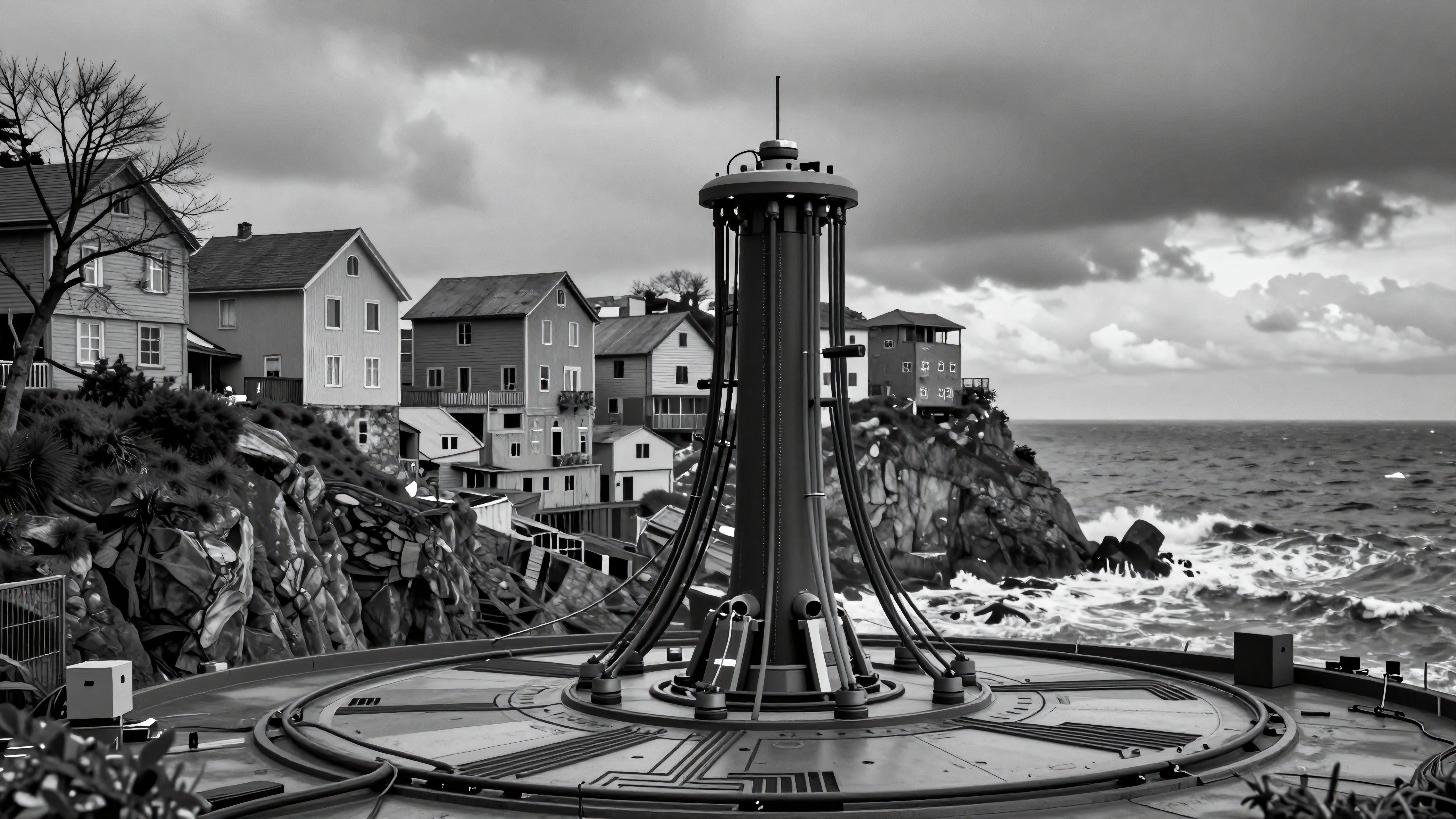 Black and White Viewpoint on Overlooking Coastal Town and Sea