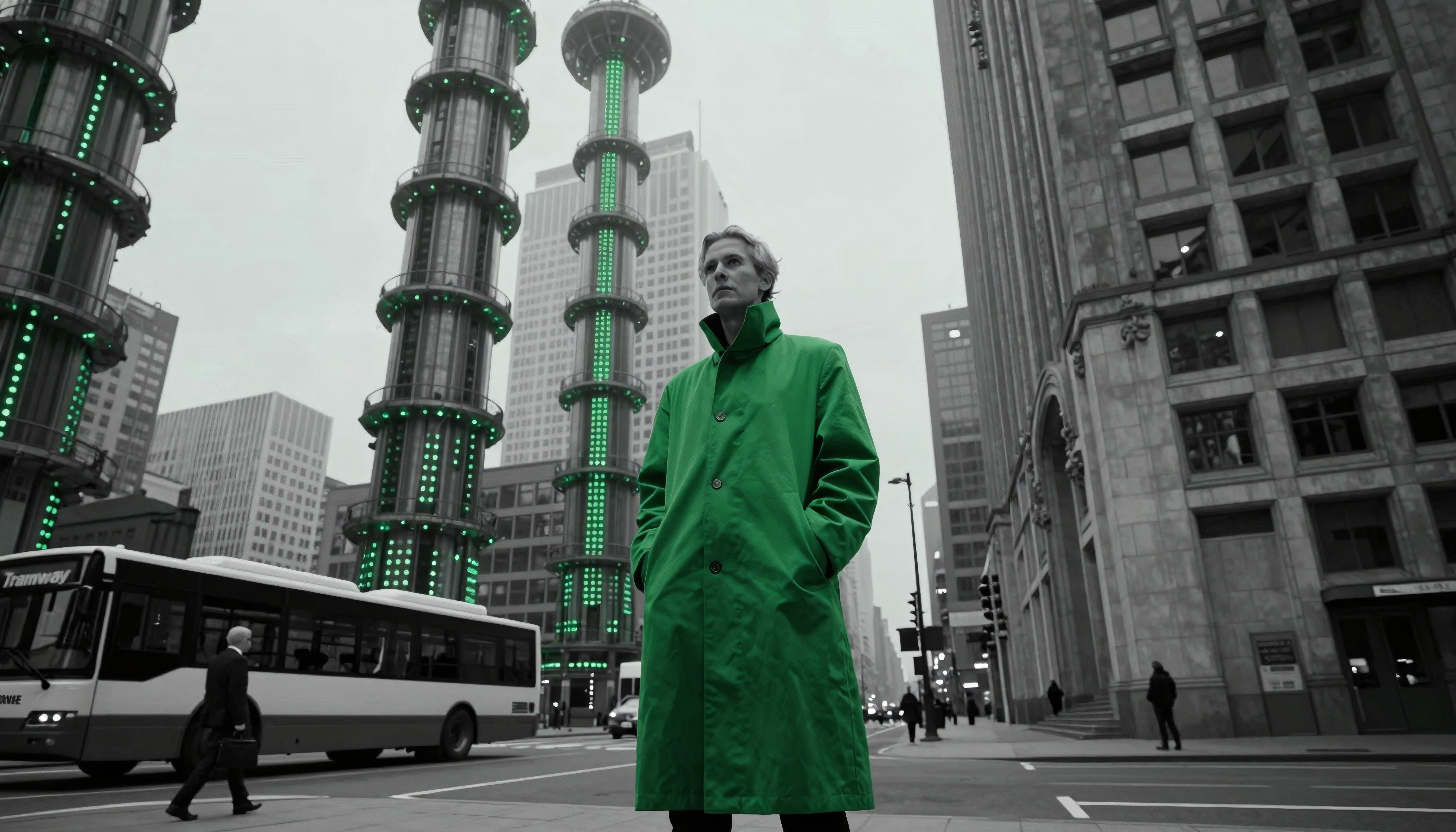 Green Trench Coat Man in Futuristic Cityscape with Neon Skyscrap