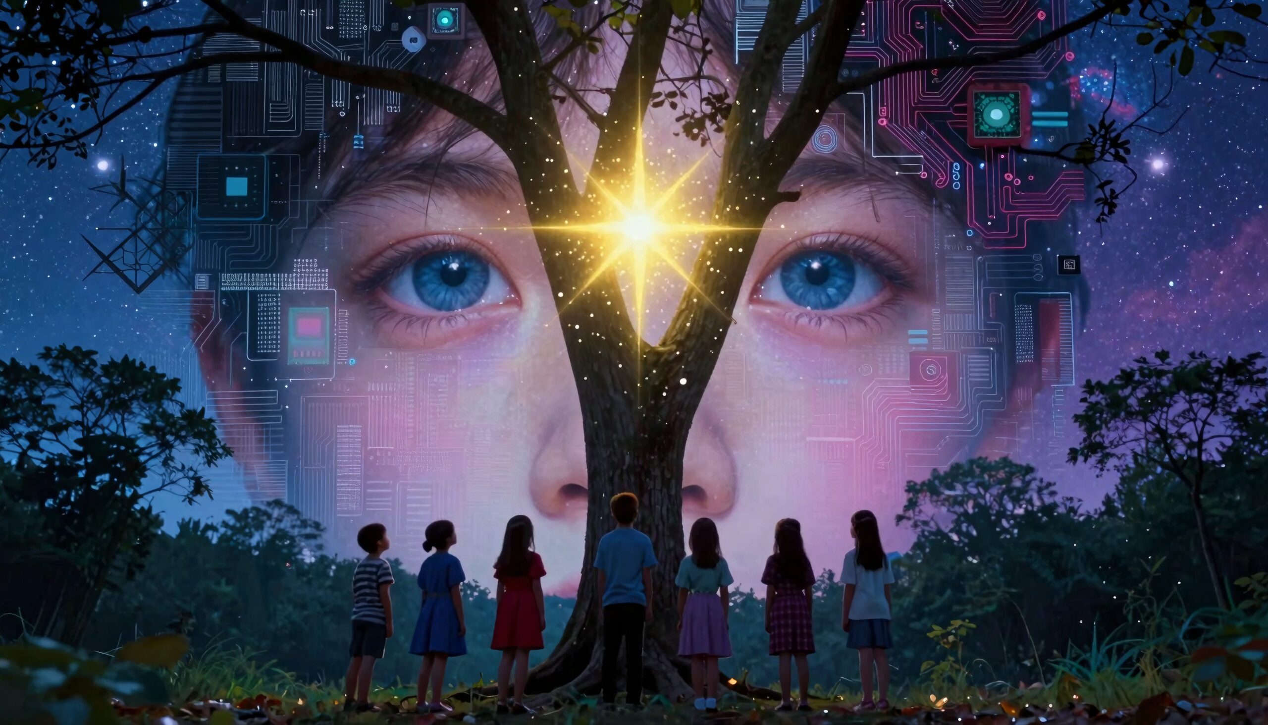 Children stand before a glowing tree, captivated by a technological fusion of nature and electronic imagery under a starry night sky.