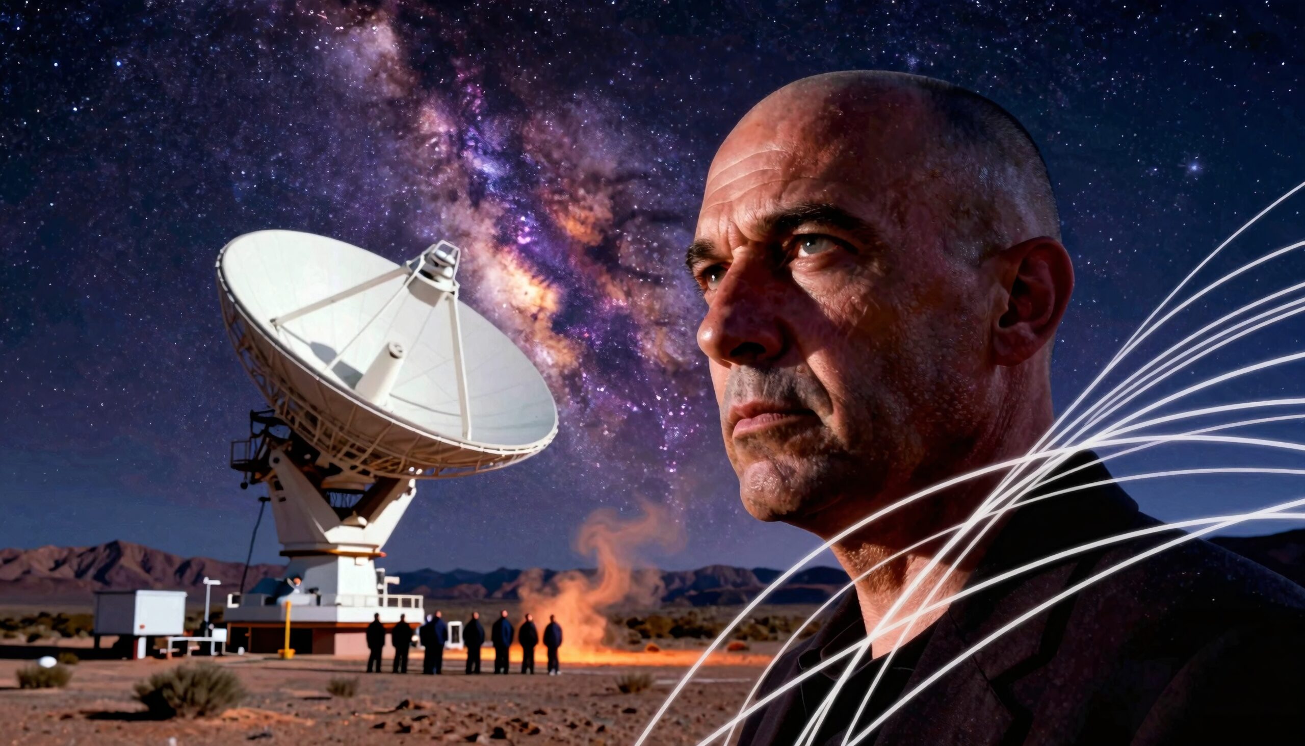 A man and radio telescope under the starry Milky Way sky, symbolizing exploration and discovery.