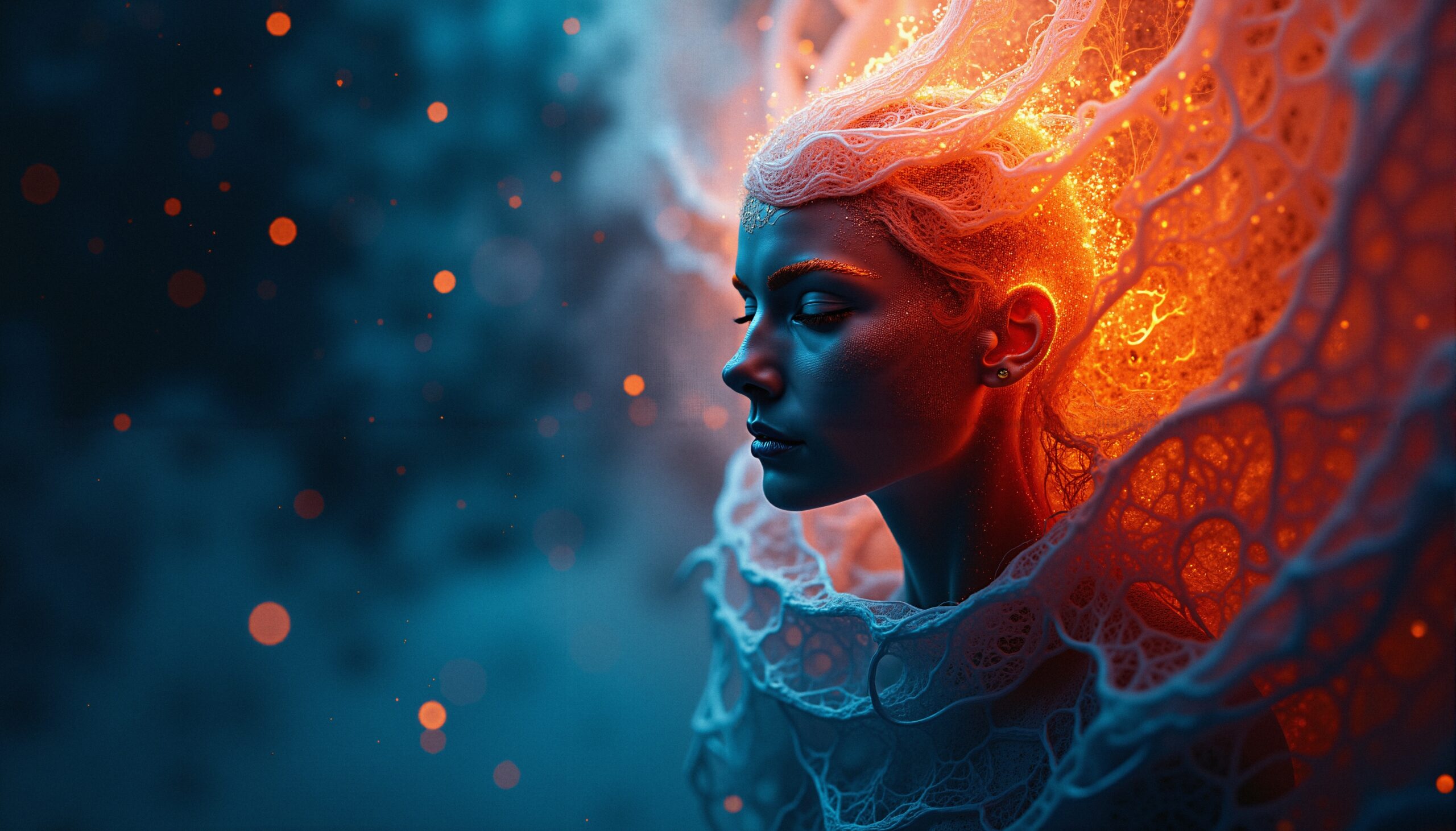A fantasy portrait of an ethereal woman surrounded by glowing orange light and intricate lace in a mystical atmosphere.