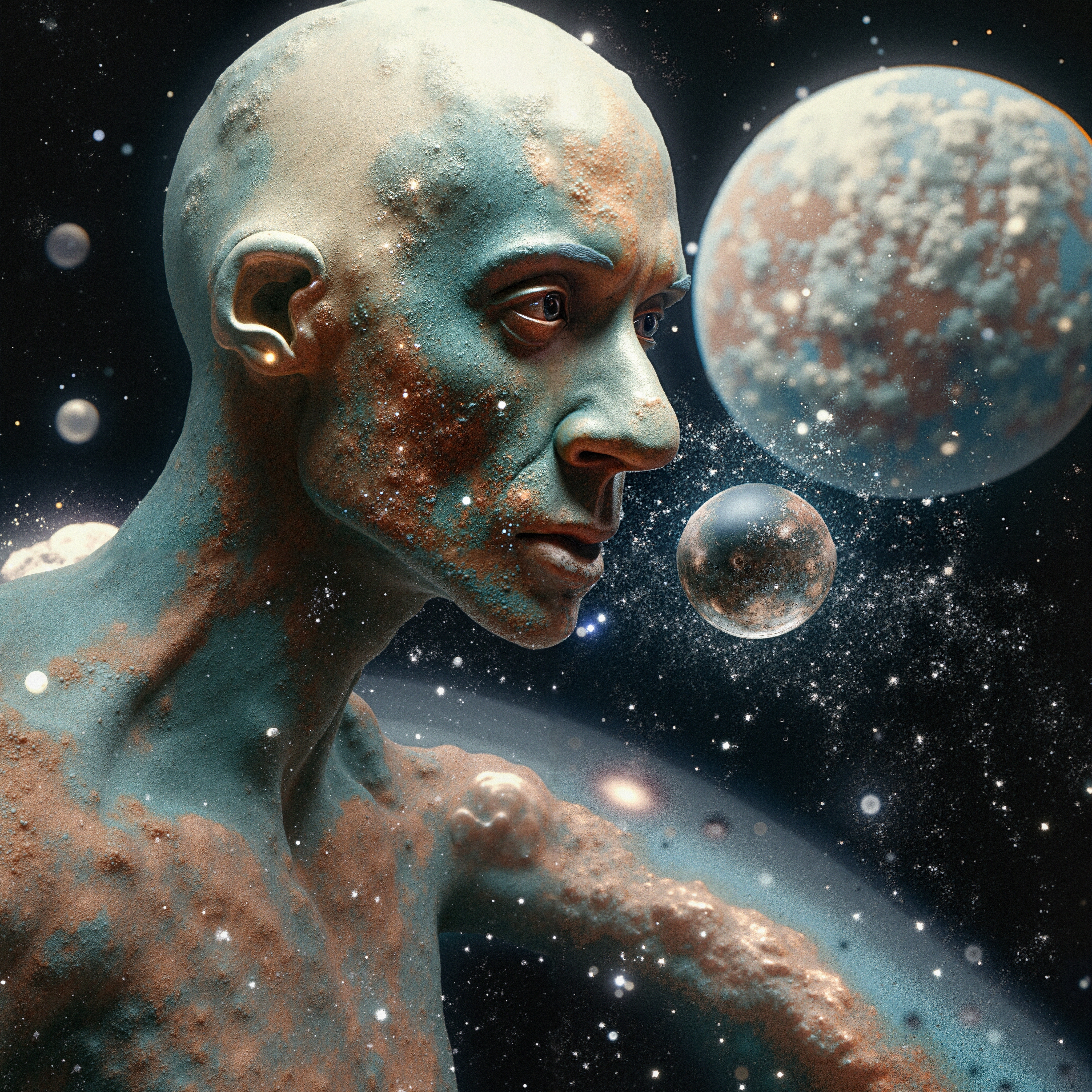 An ethereal humanoid with a textured, celestial surface stares at floating cosmic spheres amidst a starry universe.
