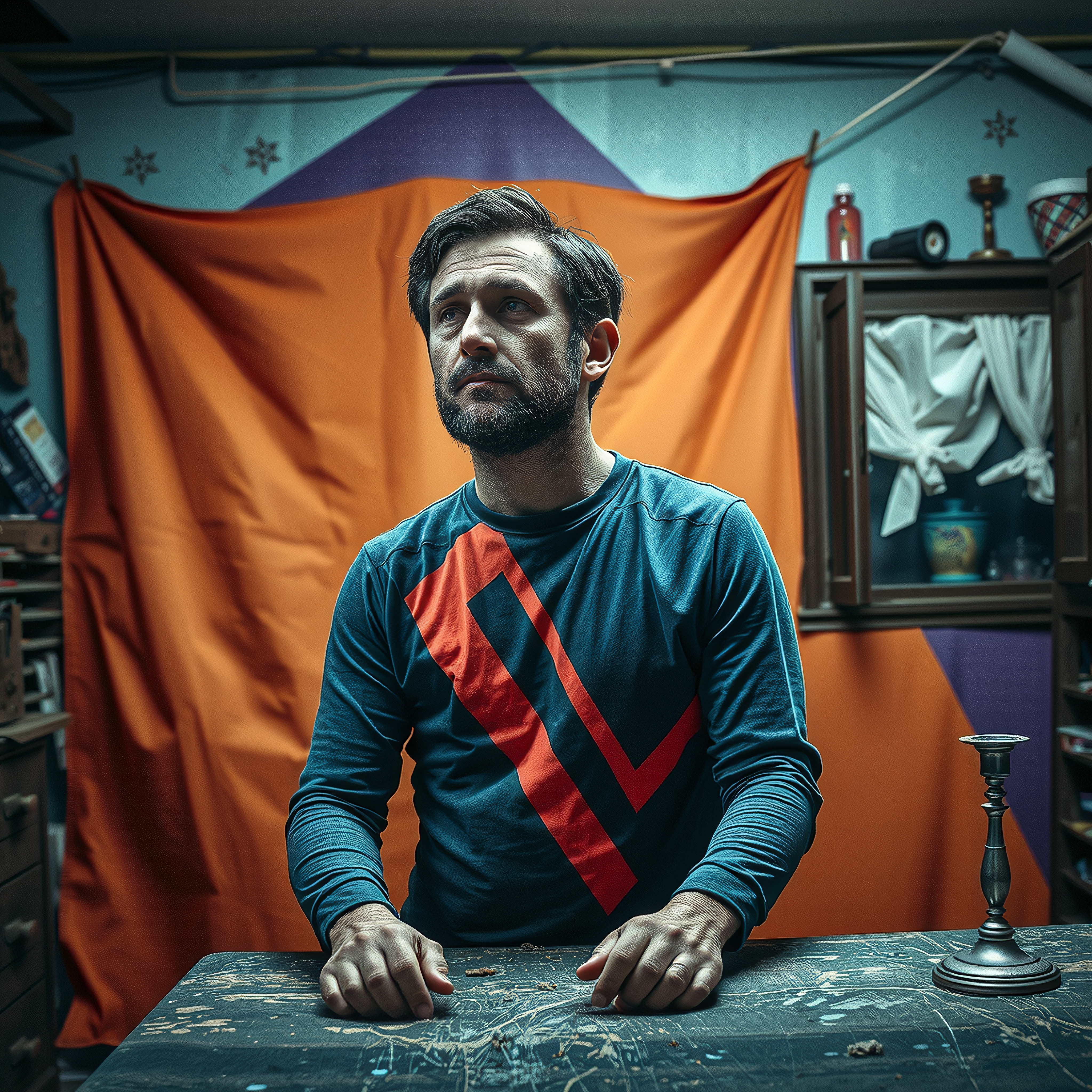 Artist contemplating artwork in dim-lit studio surrounded by tools and colorful backdrop