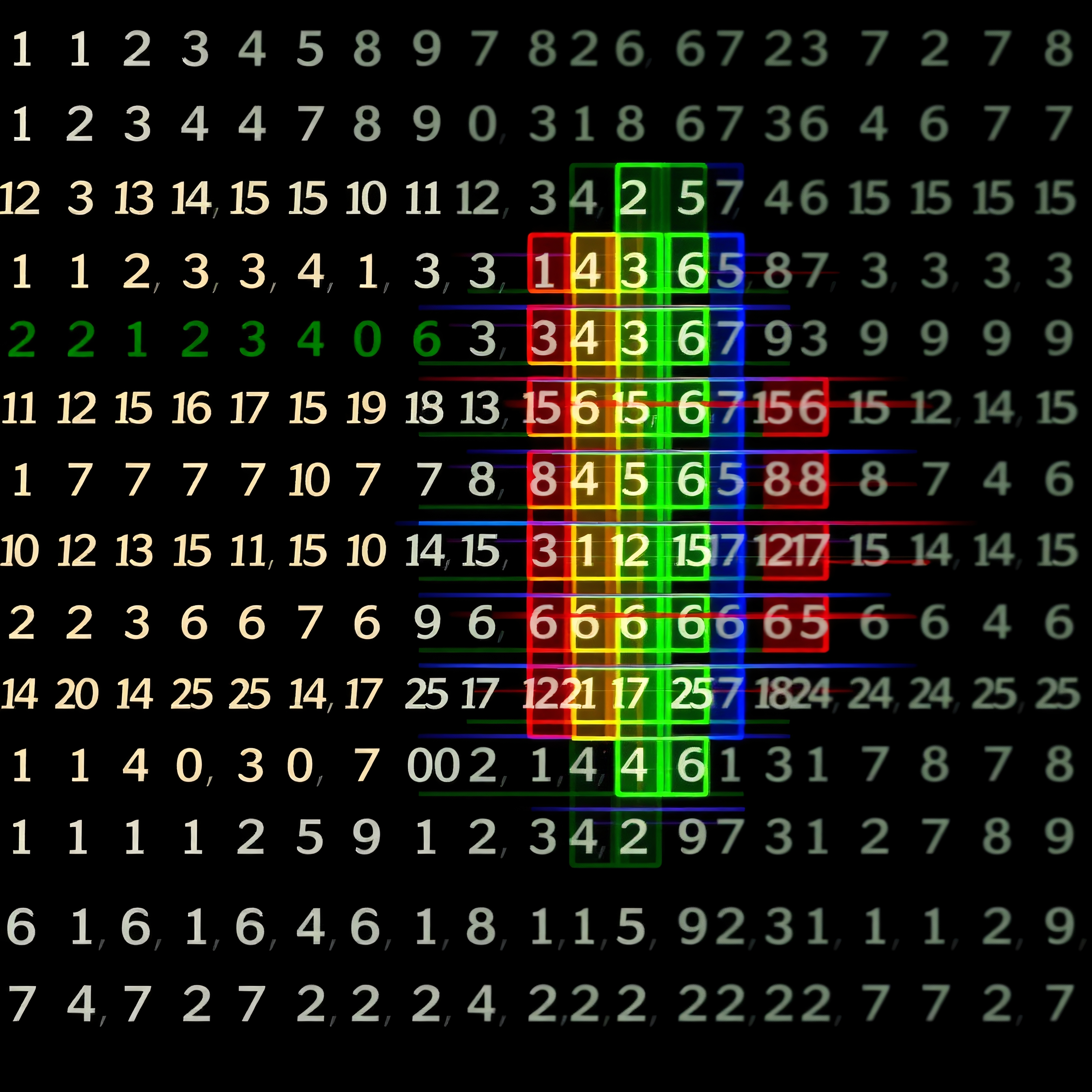 A vivid, colored number grid on black.
