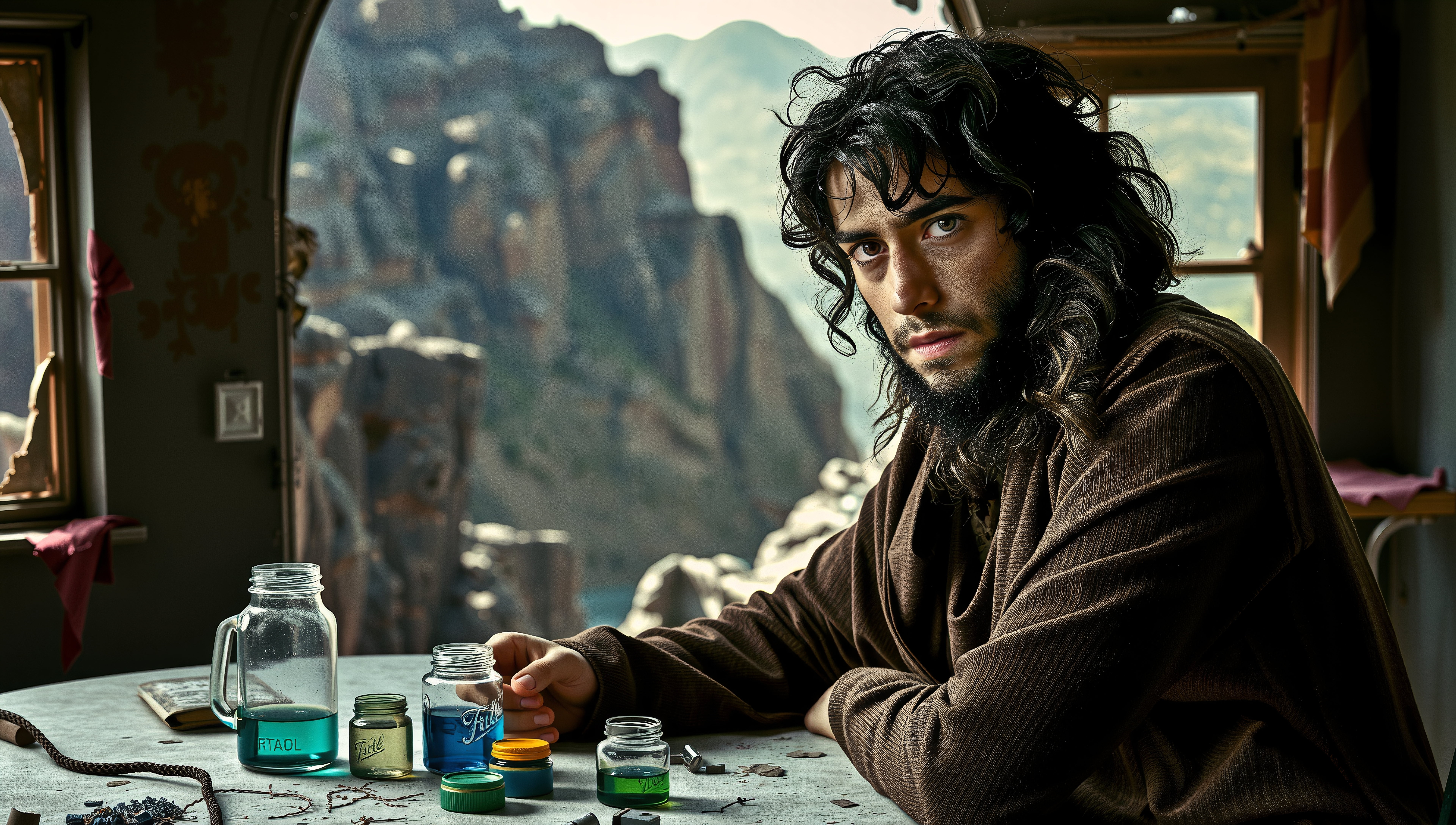 Young man with bottles of potion, gazing intensely in rustic mountainside room.
