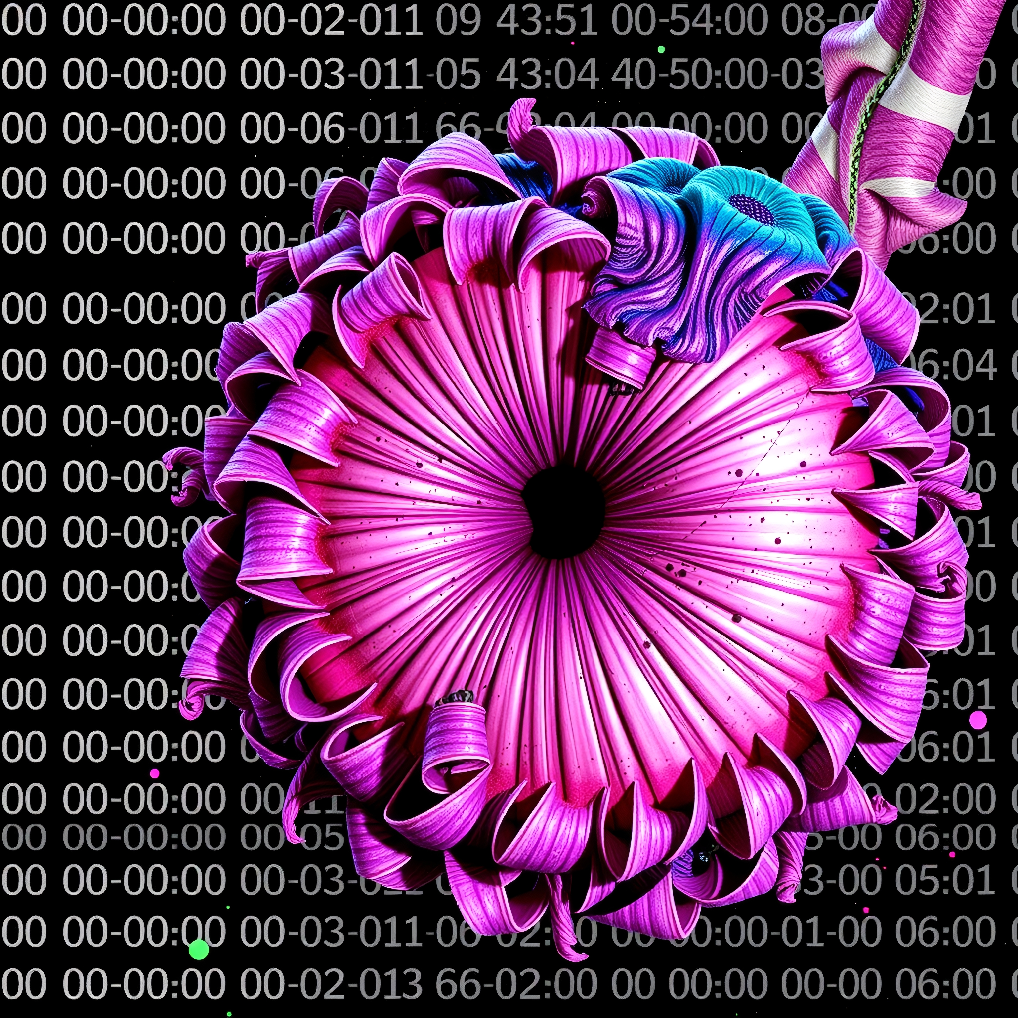 Pink and blue ribbon structure on black digital code backdrop.