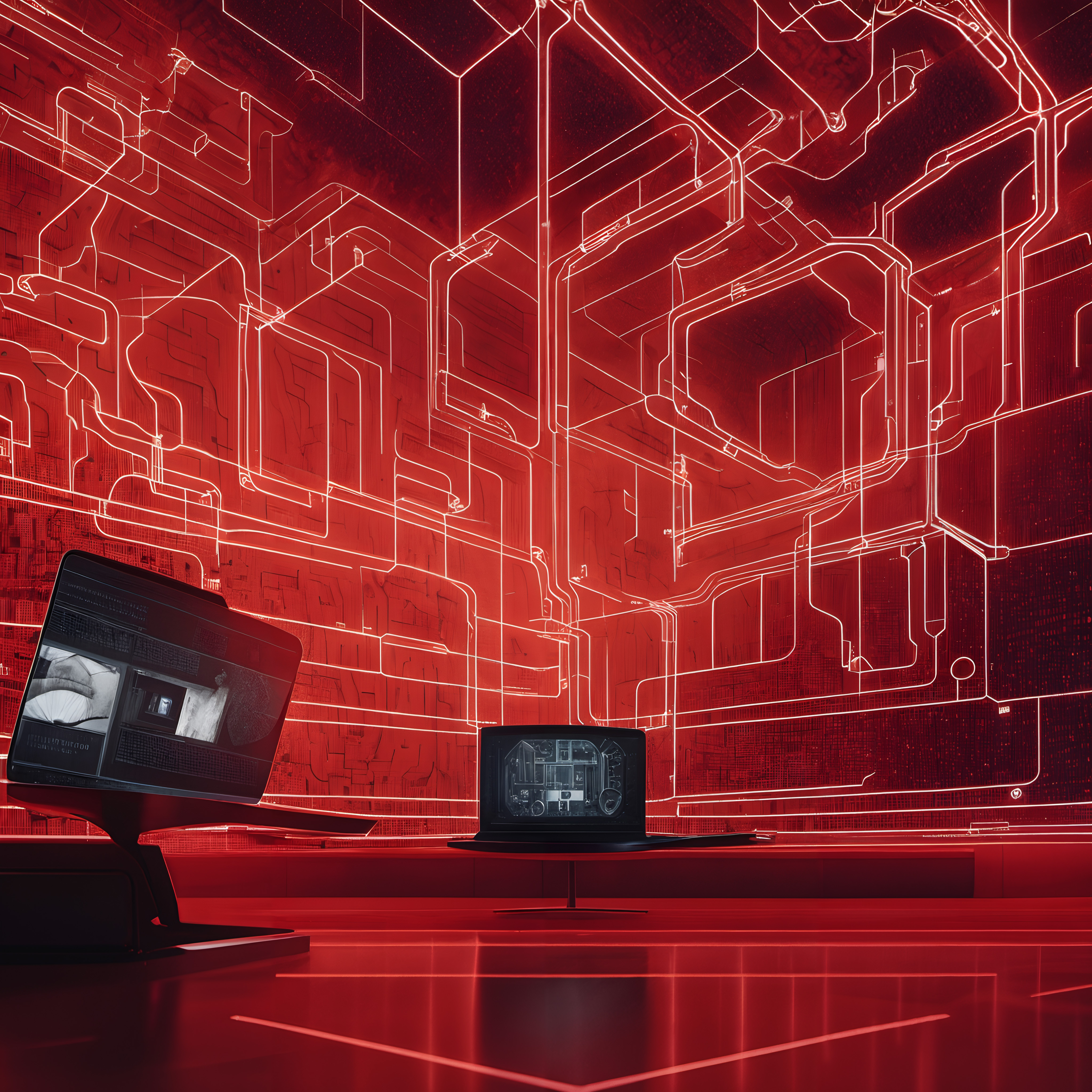 Futuristic Red Neon Digital Workspace with Circuitry Visualizati
