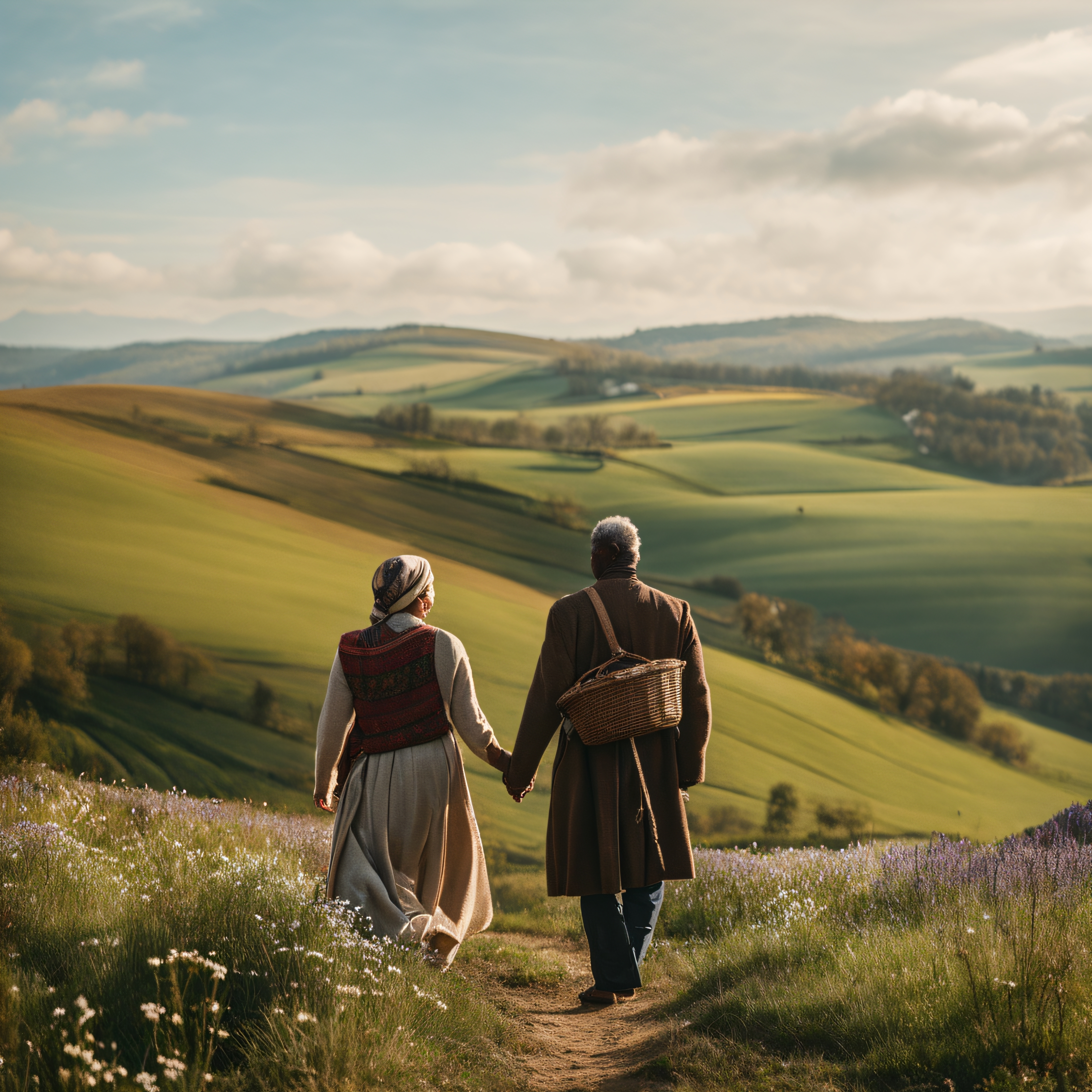 A couple walking in scenic countryside with rolling hills and wildflowers under a partially cloudy sky.