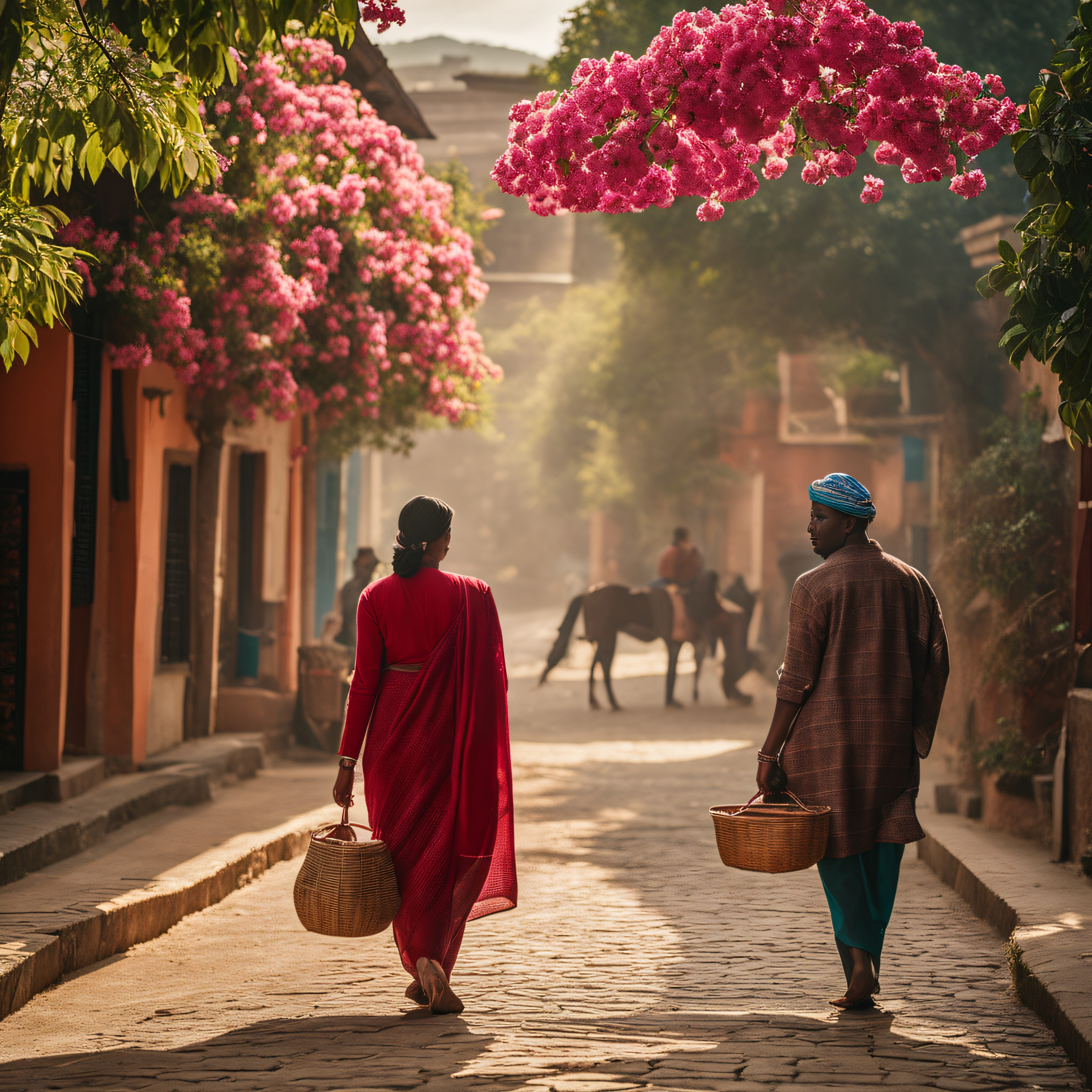 A woman in red sari and man with turban walking down a flower-lined street, carrying baskets.