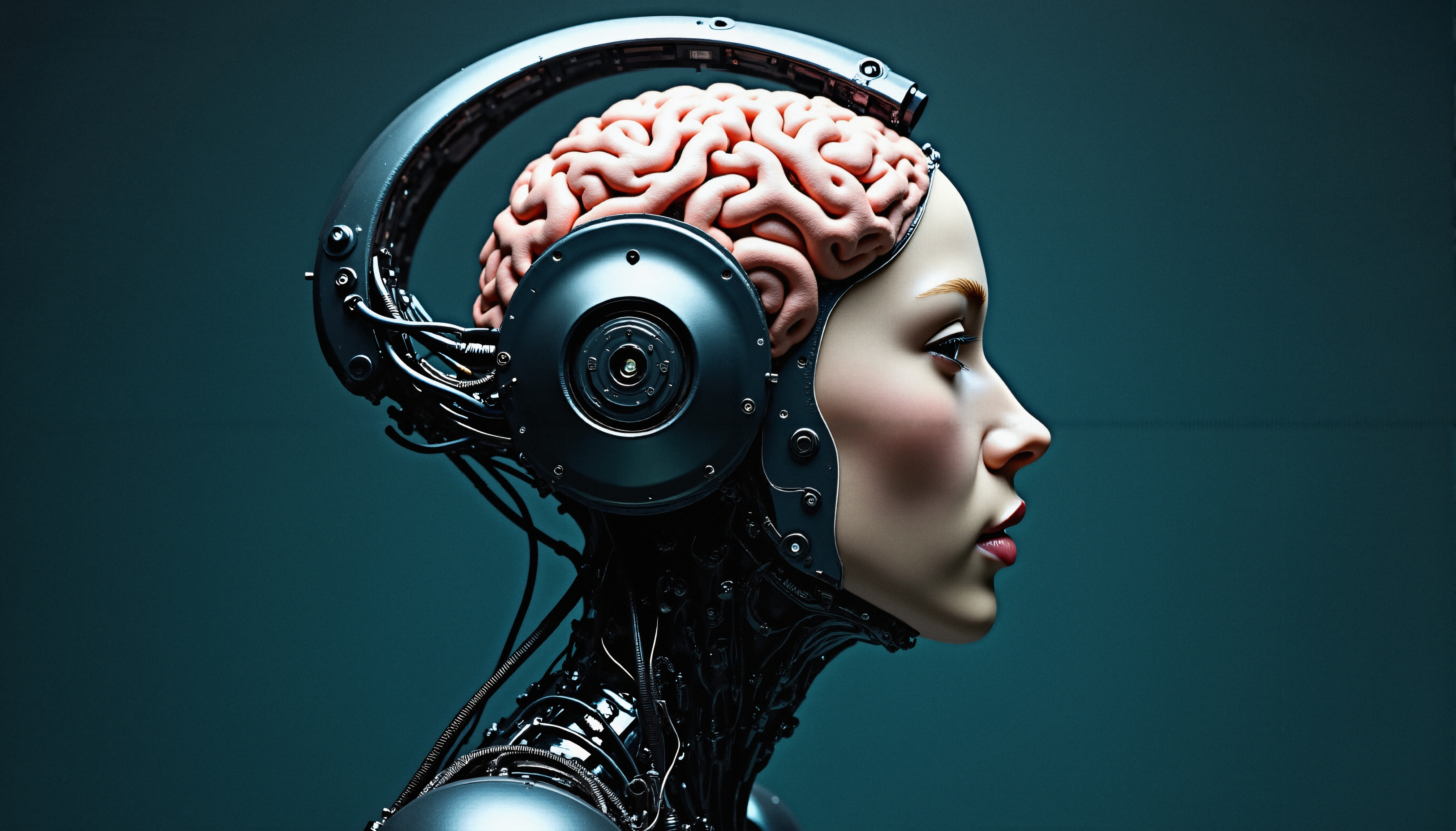 Futuristic humanoid robot with exposed brain.