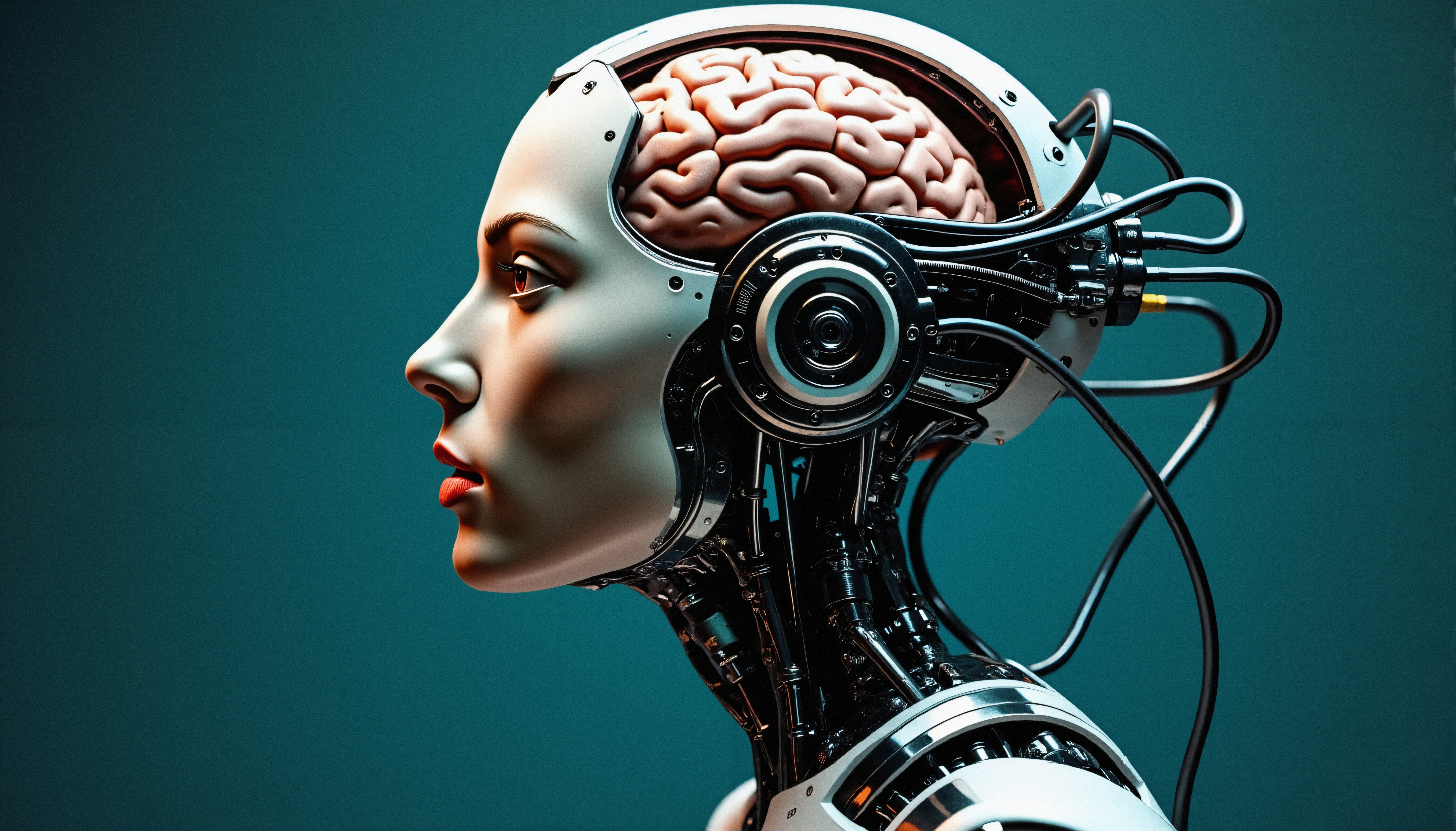 Futuristic humanoid robot with exposed brain and mechanical elements.