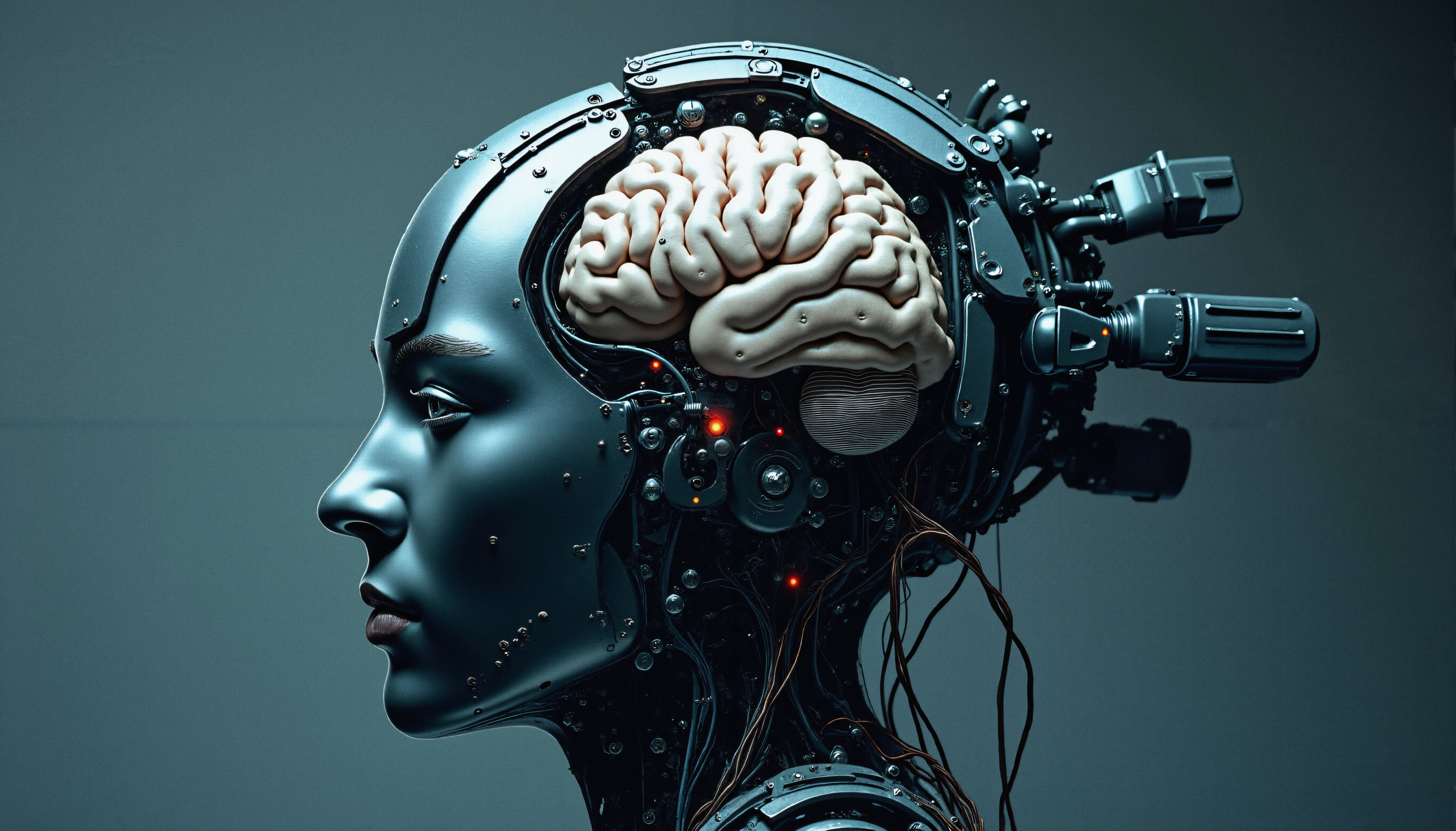 A detailed side profile of a humanoid robot with an exposed brain, symbolizing advanced artificial intelligence and cybernetic integration.