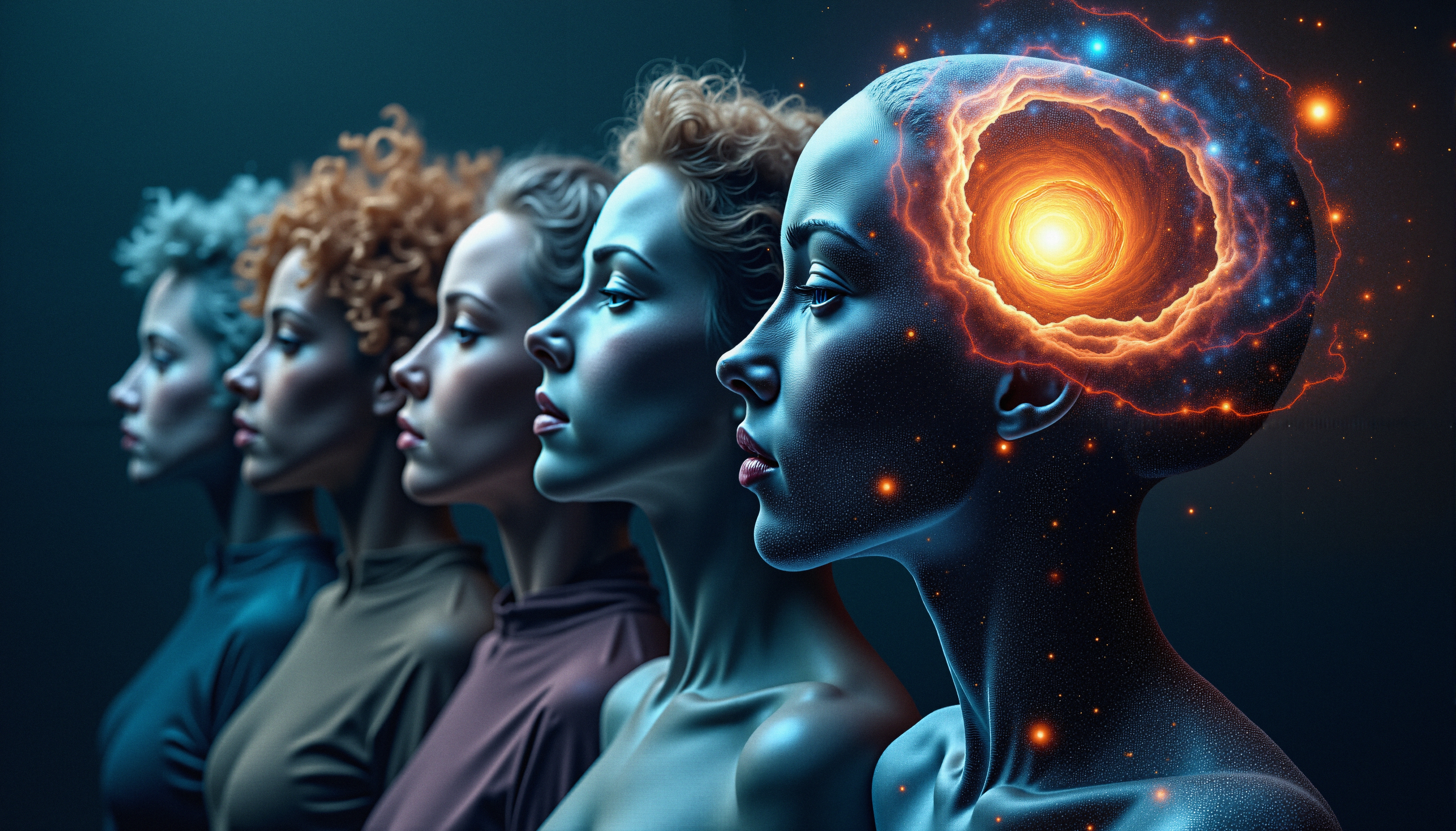 A lineup of women with a cosmic galaxy in one's head, symbolizing introspection and cosmic consciousness.