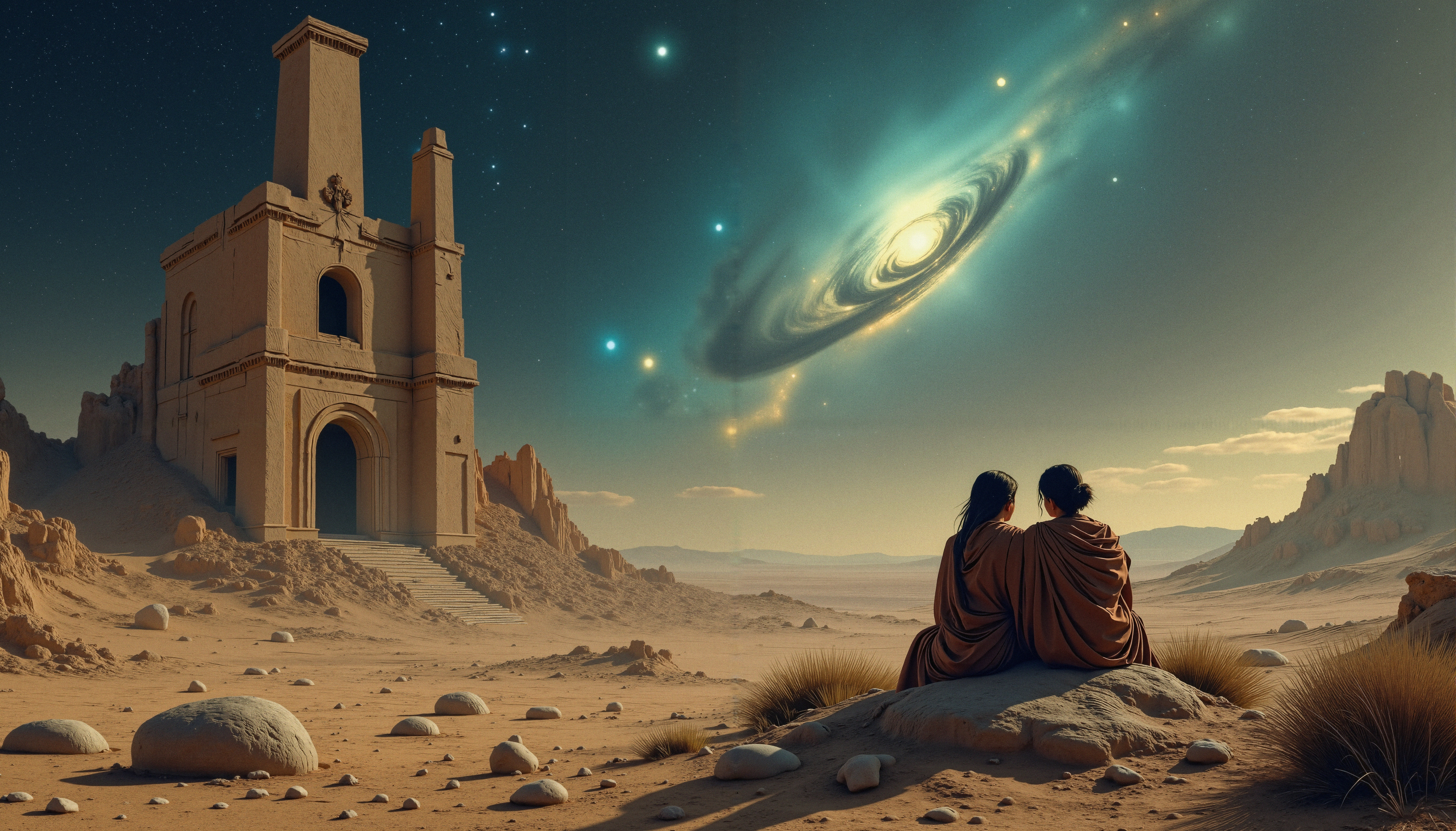 Desert scene with ancient stone structure, two figures, spiral galaxy, starry sky