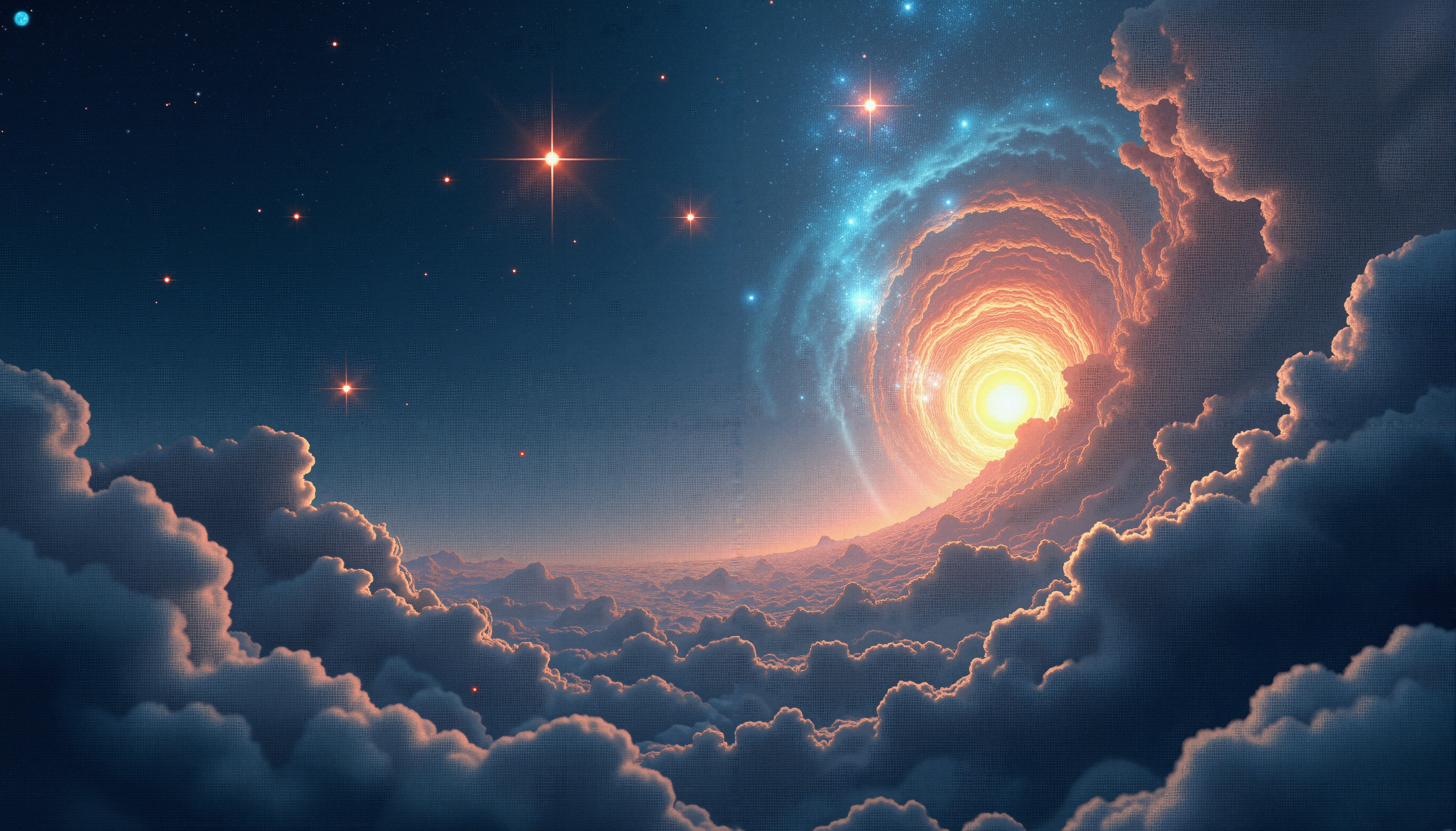 A mesmerizing vortex of cosmic light swirling through ethereal clouds and stars.