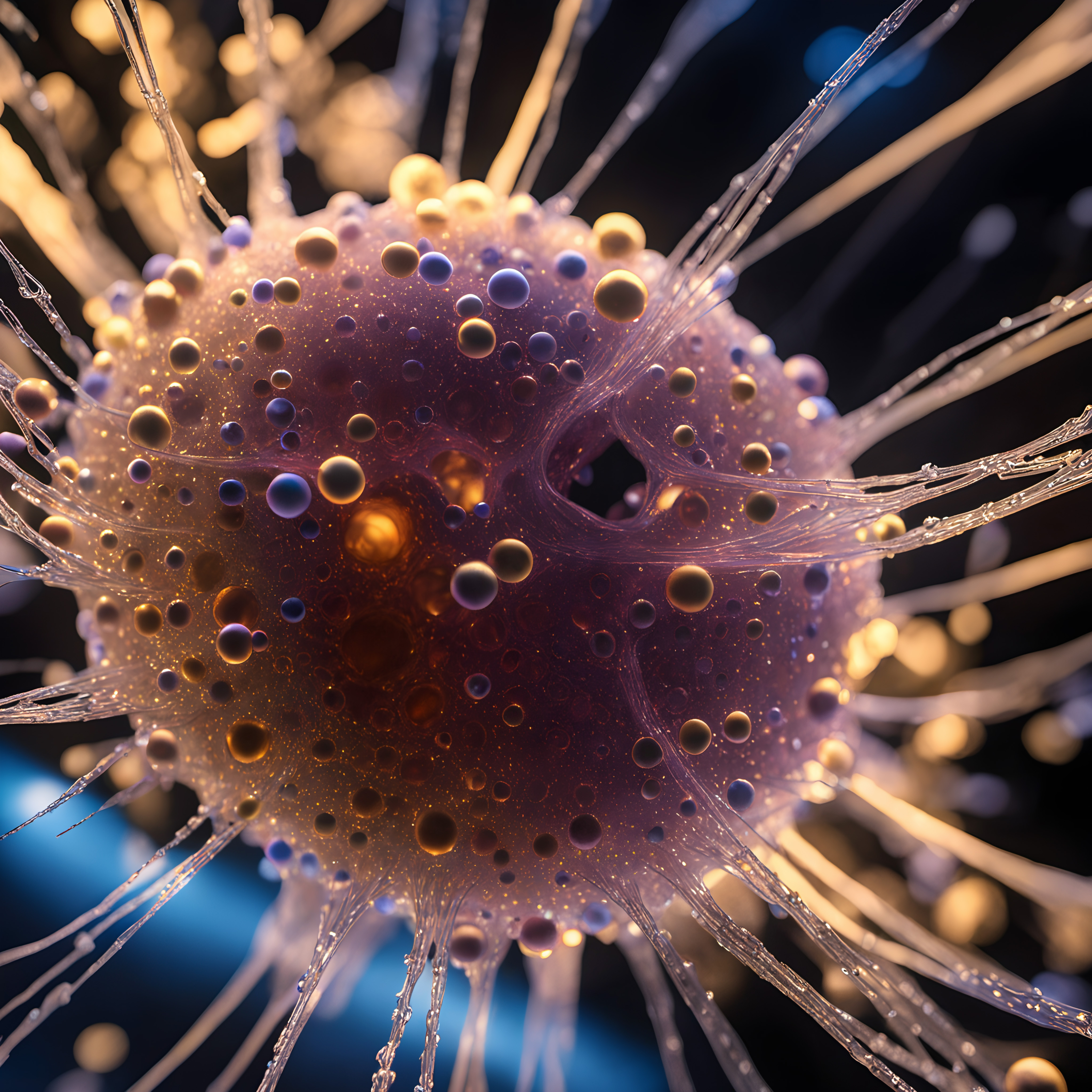 An up-close view of a purple and yellow underwater organism.