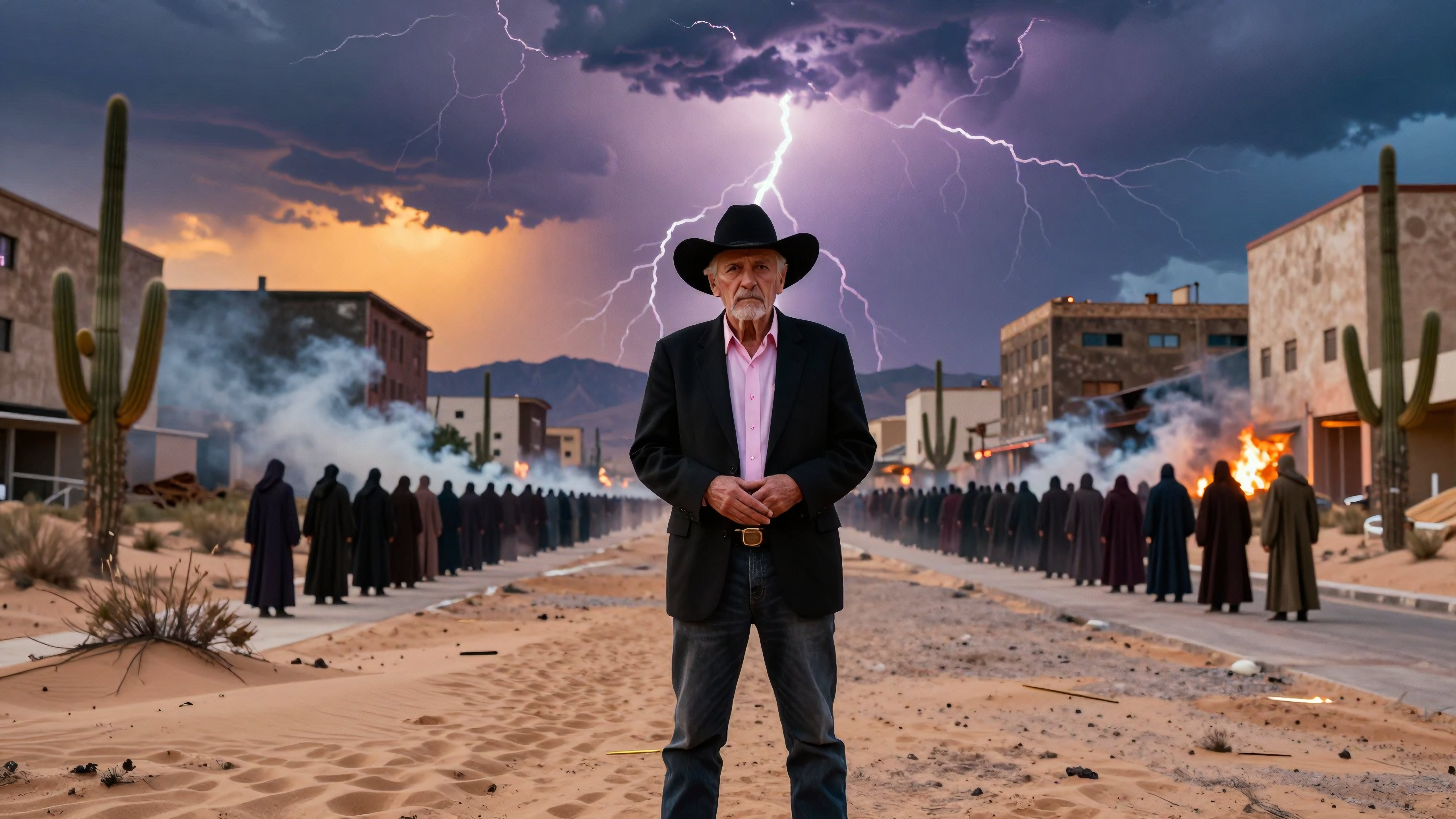 Stormy Desert Town with Central Figure and Silhouetted Crowd