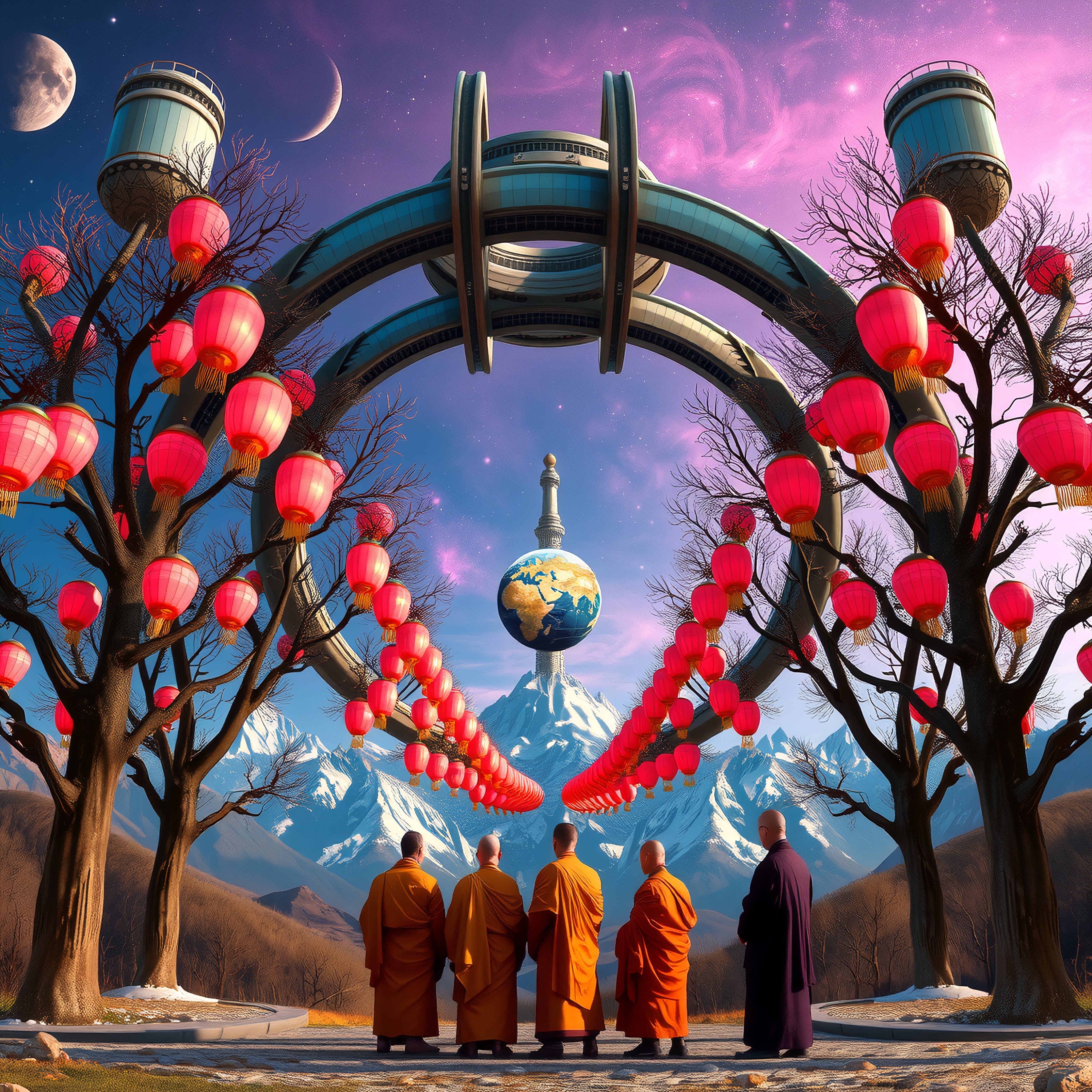 A stunning blend of futuristic and traditional elements in a mountain landscape with monks and glowing lanterns.