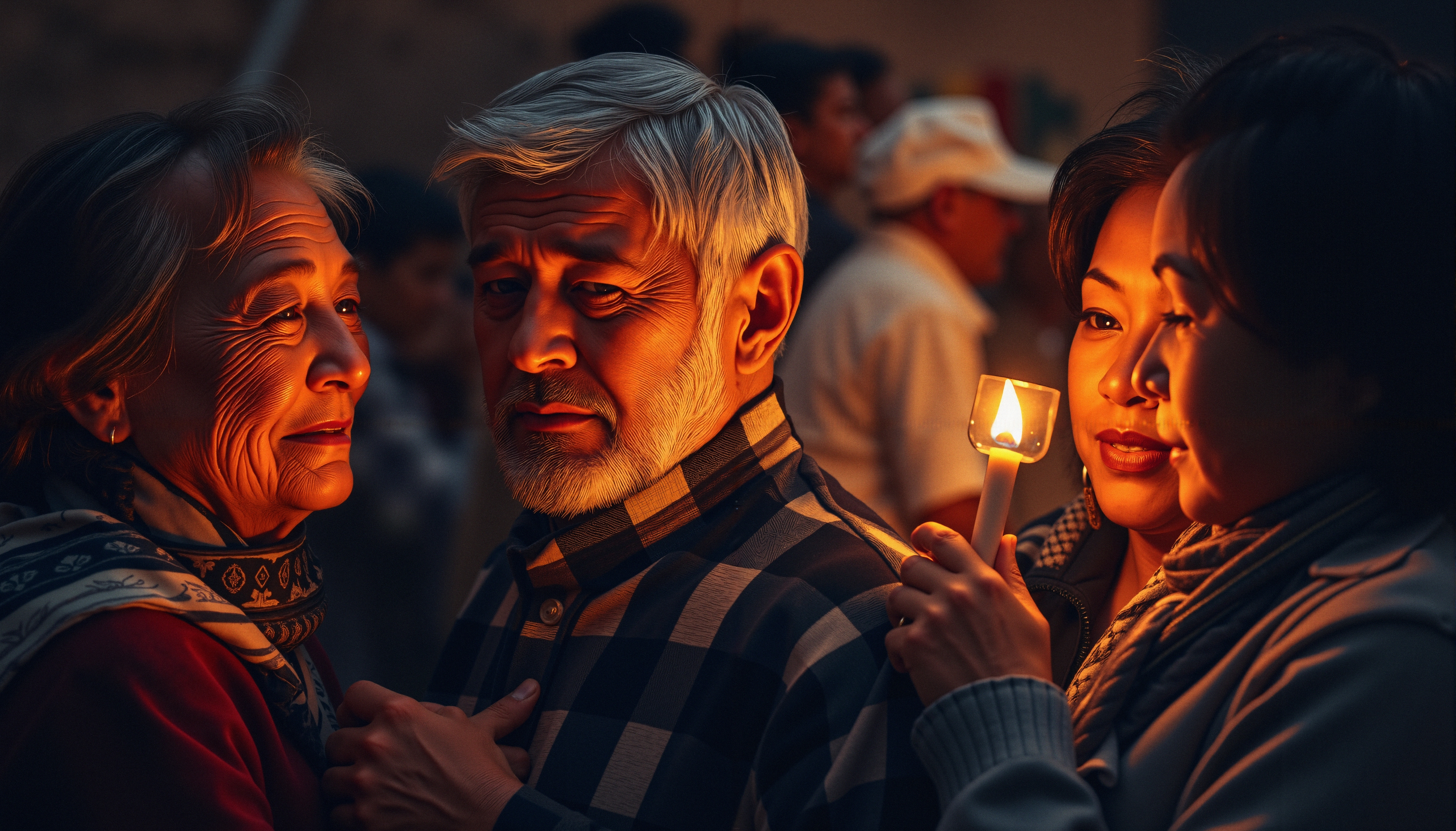 A candlelit gathering with elderly individuals, reflecting warmth and intimacy in a serene setting.