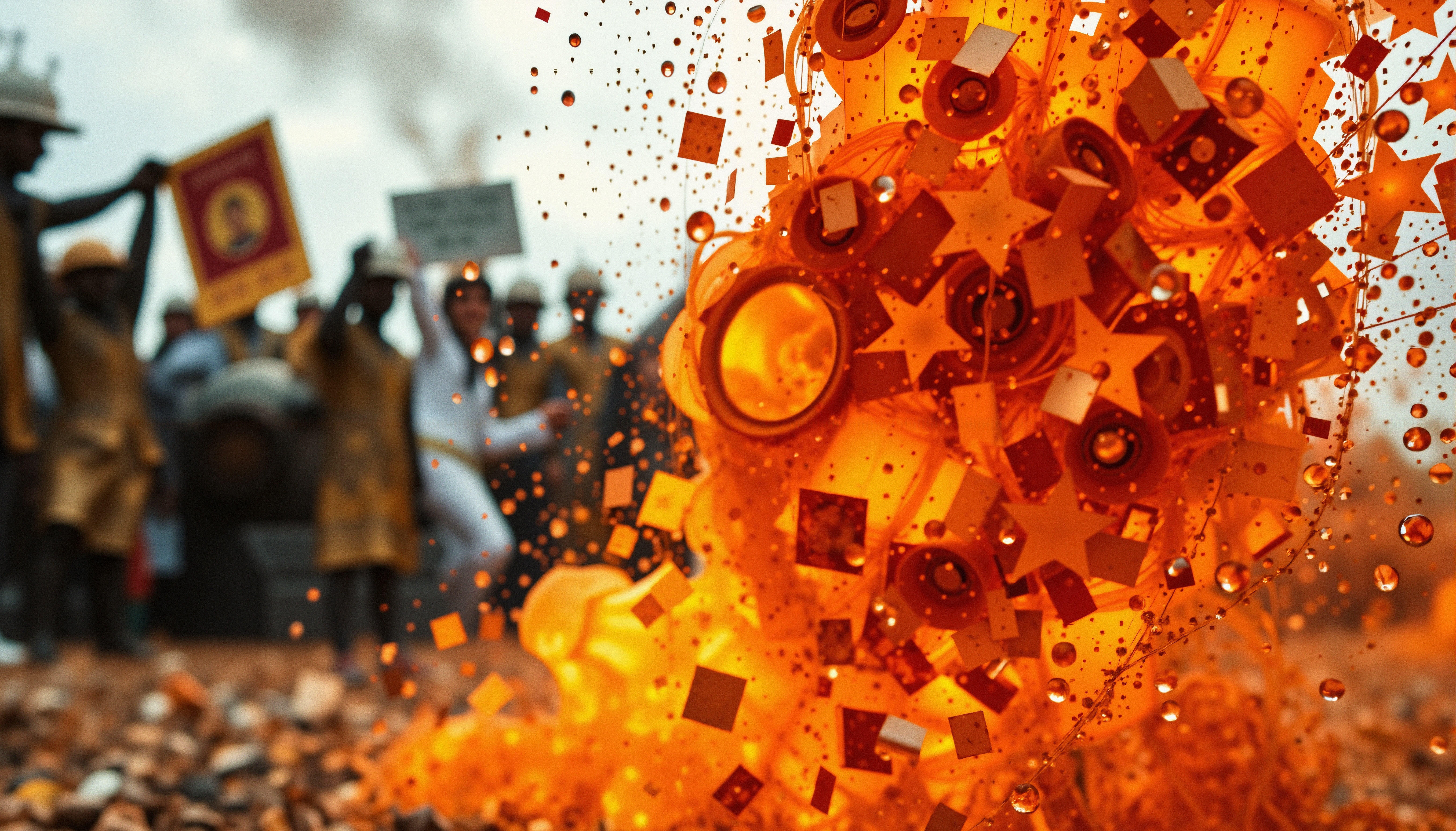 Explosive geometric shapes and crowd in protest scene.