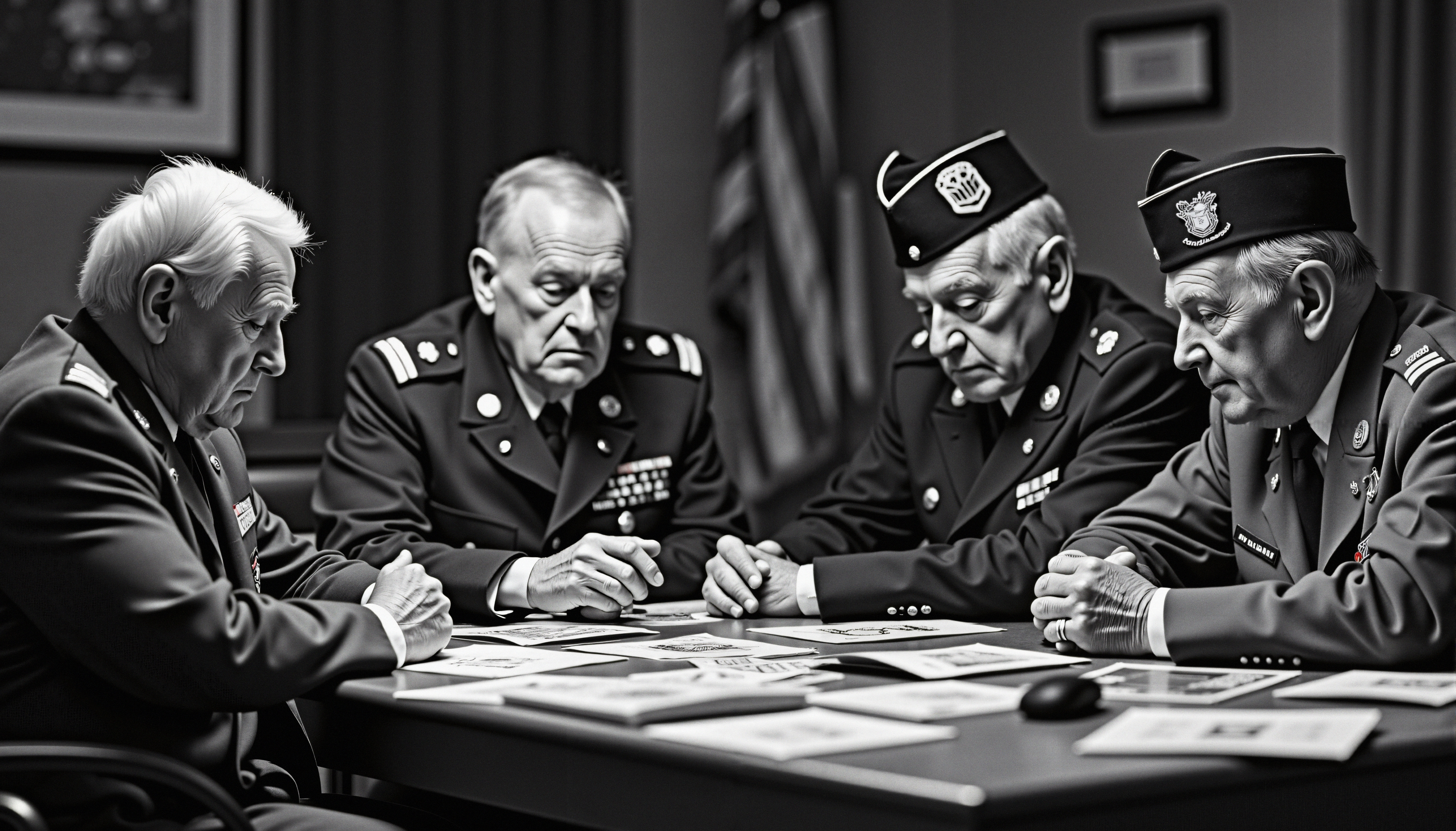 Black and white photo of military veterans in deep discussion around a table with documents and photographs.