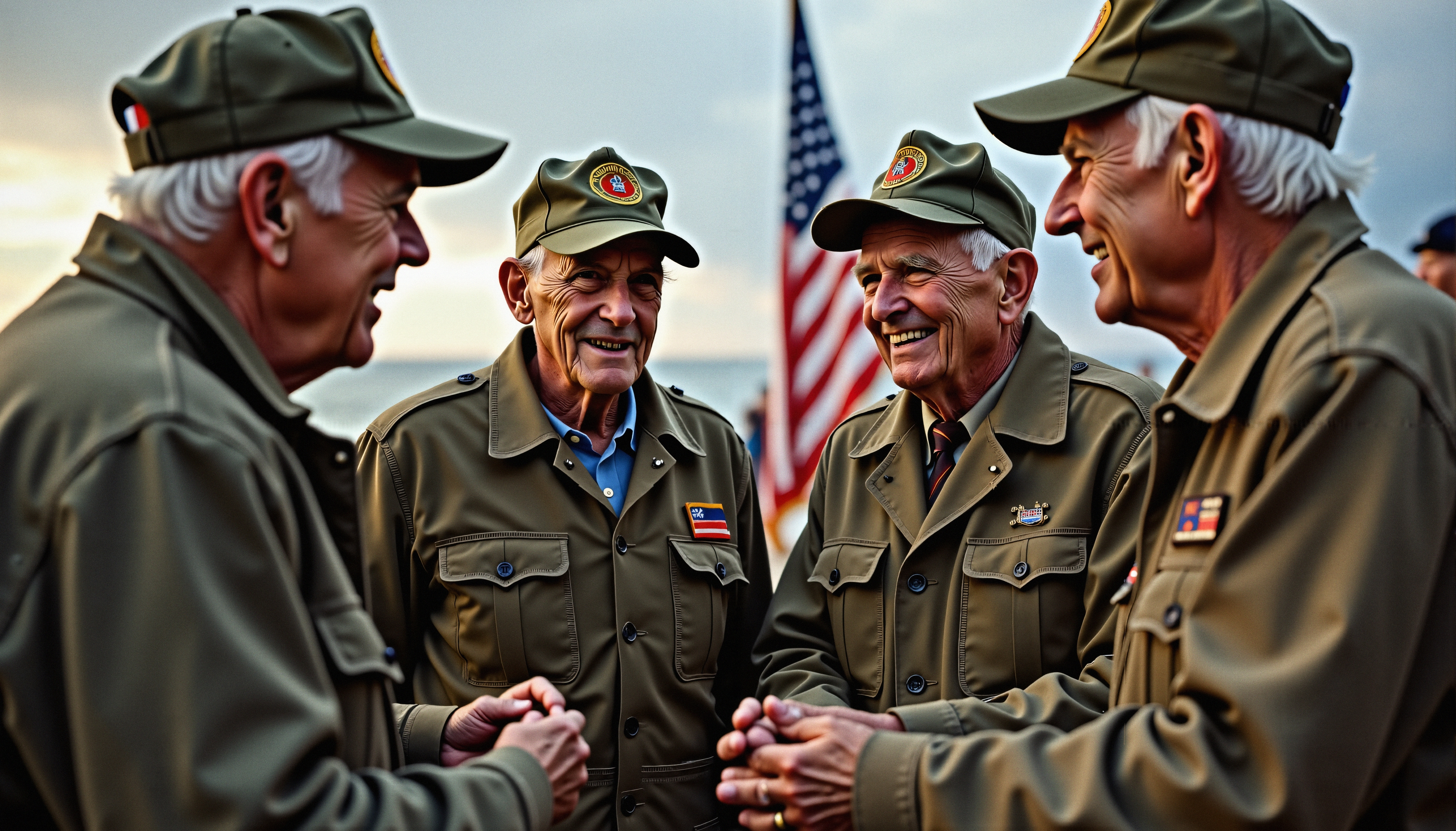 Four elderly veterans in military attire share smiles and camaraderie, with an American flag in the background.