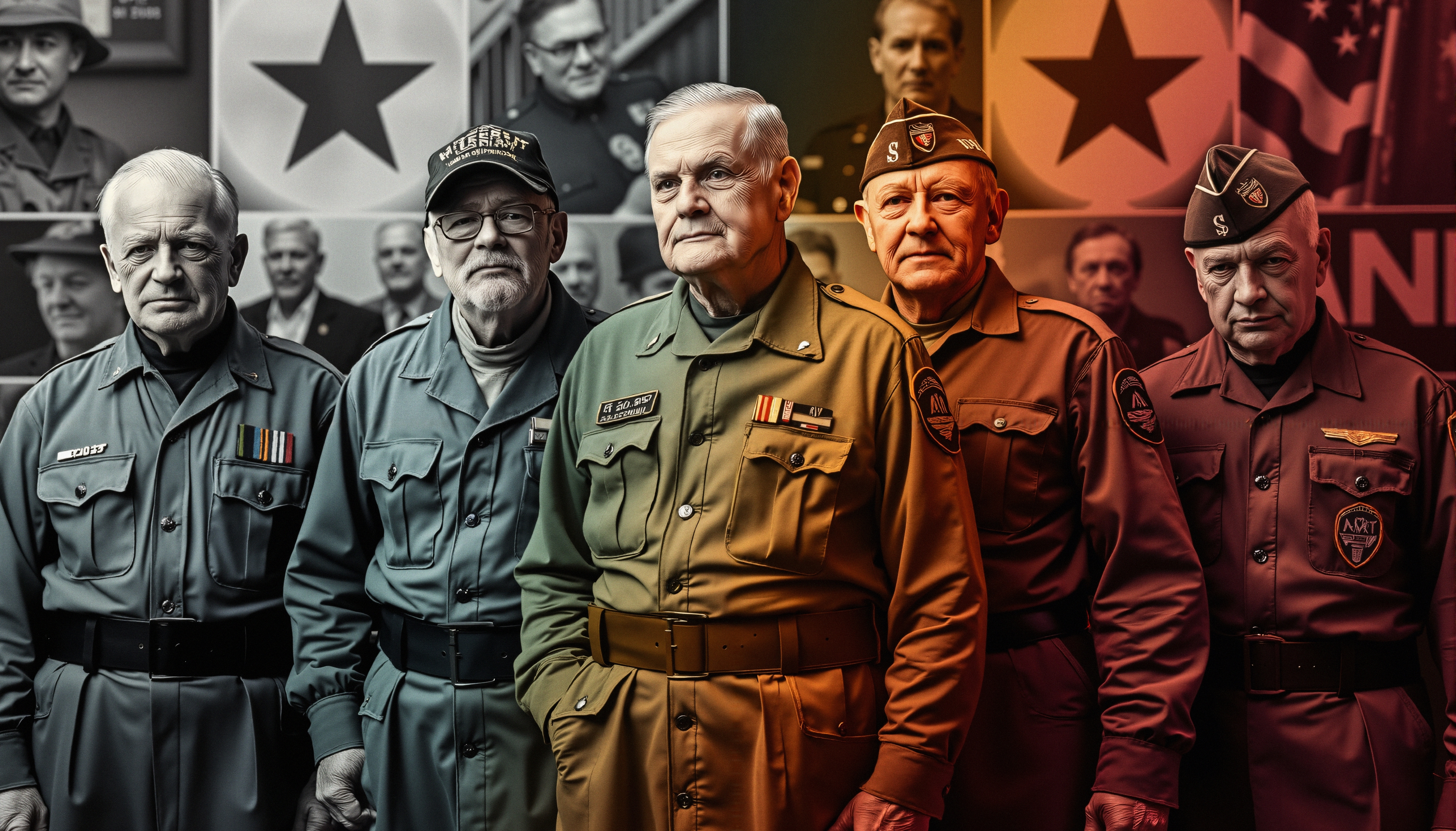 A group of five veterans in military uniforms stands solemnly, honoring their service.