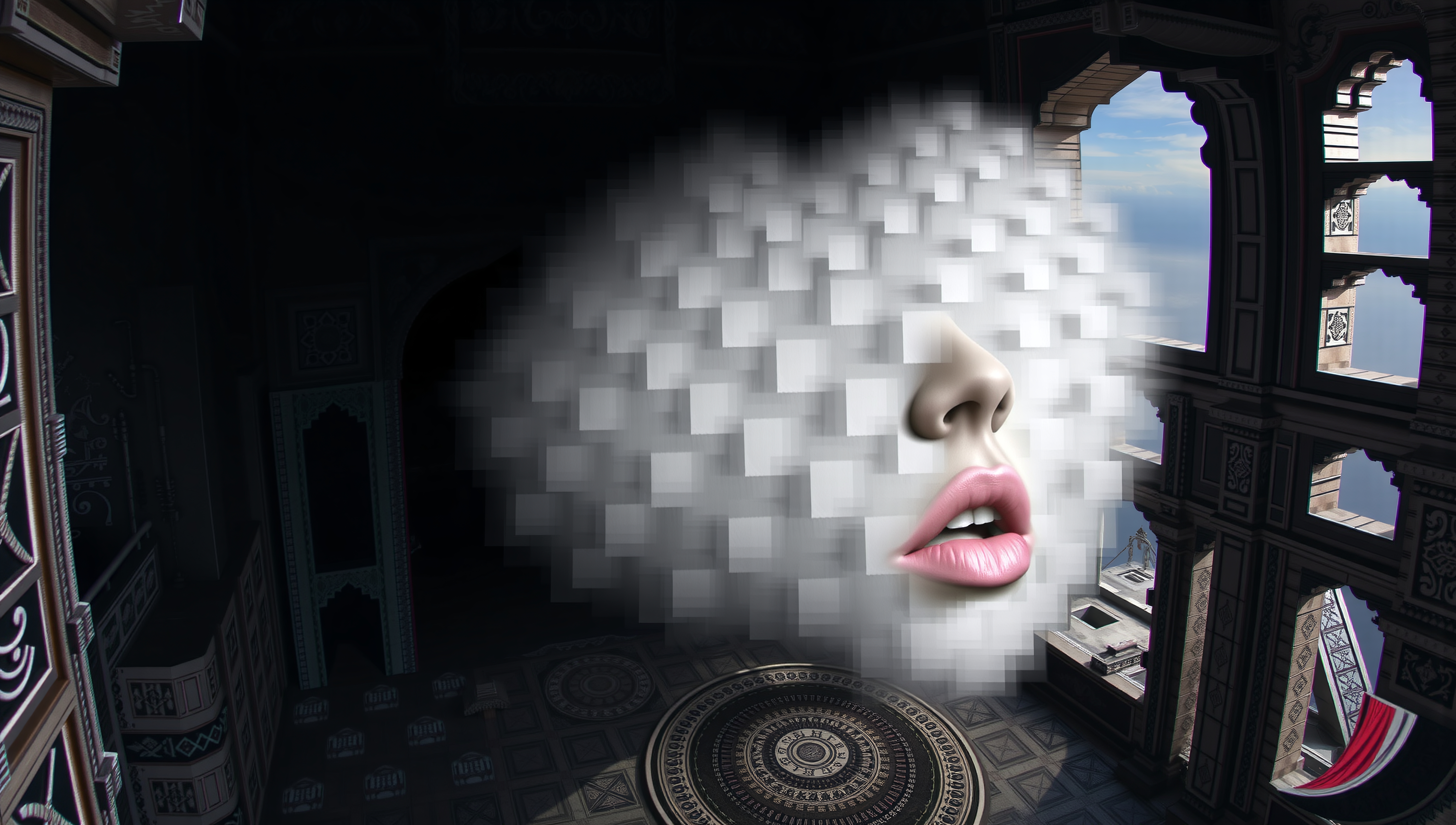 Surreal art blending face with pixels in ornate room.