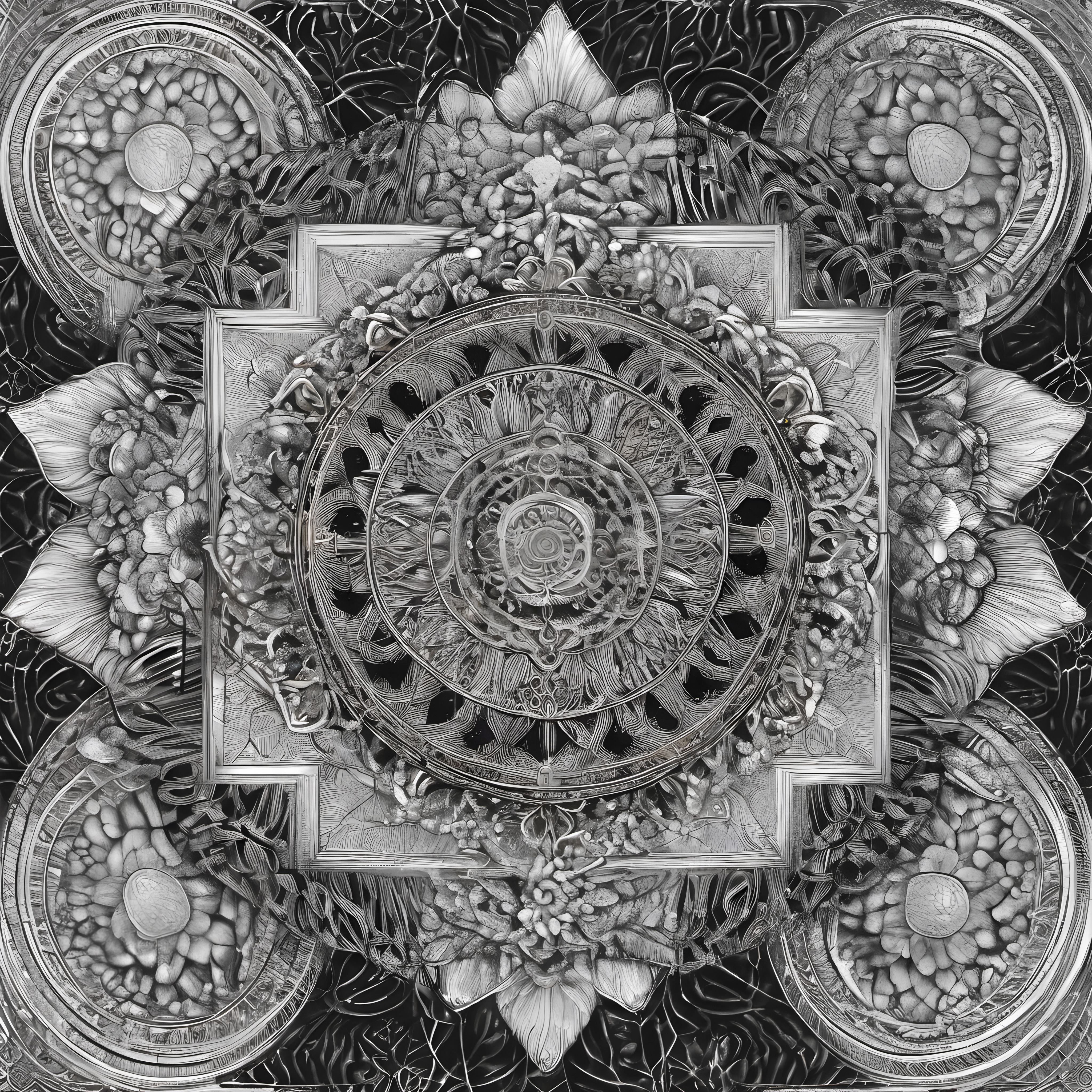 Intricate black and white mandala art featuring flowers, circles, symmetry, and detailed textures perfect for meditation and decorationpatterns and textures.