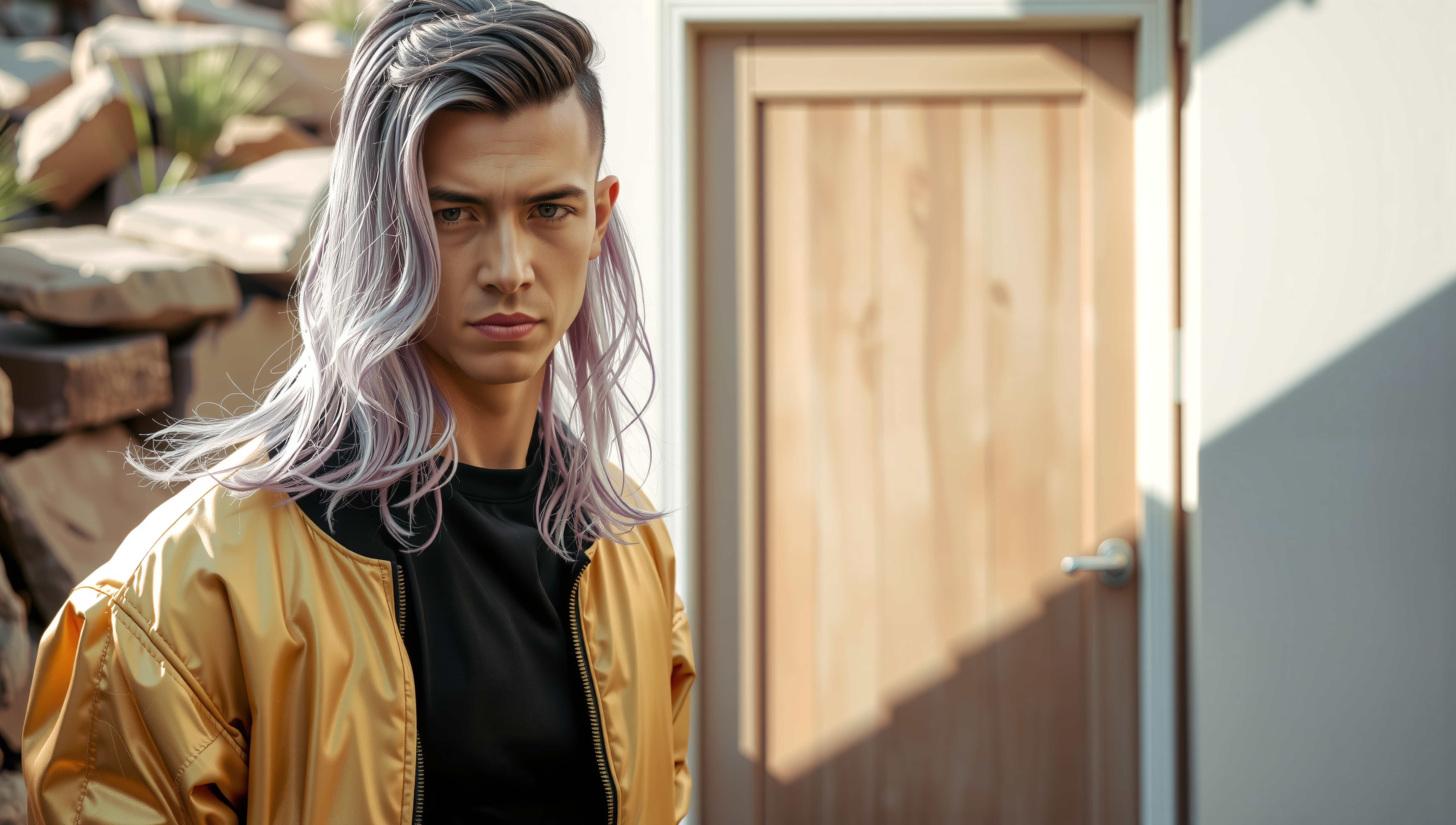 A person with light purple hair wears a gold jacket, standing outdoors next to a sunlit door.
