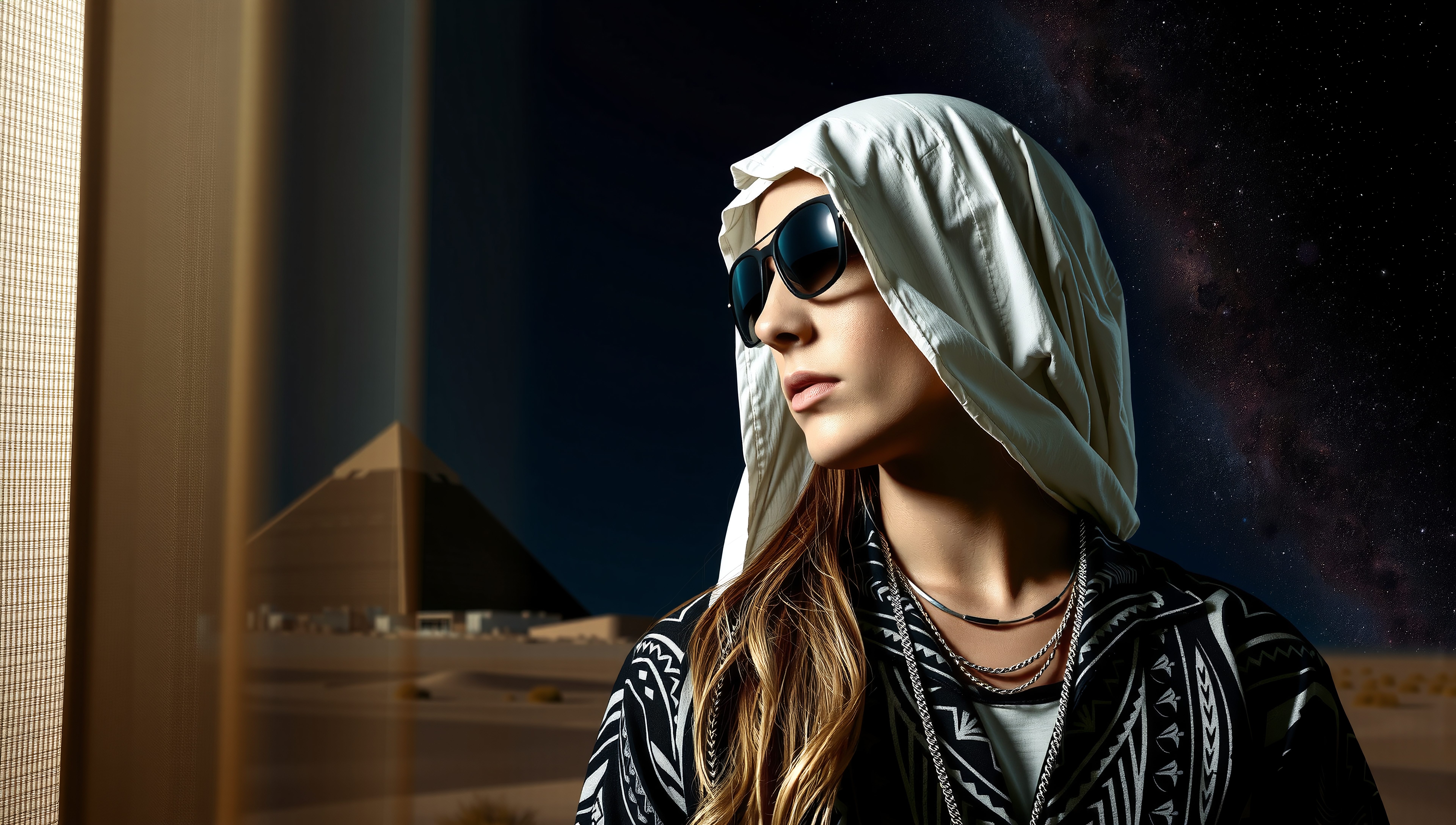 A person with a headscarf and sunglasses stands before a pyramid under a starry night sky.
