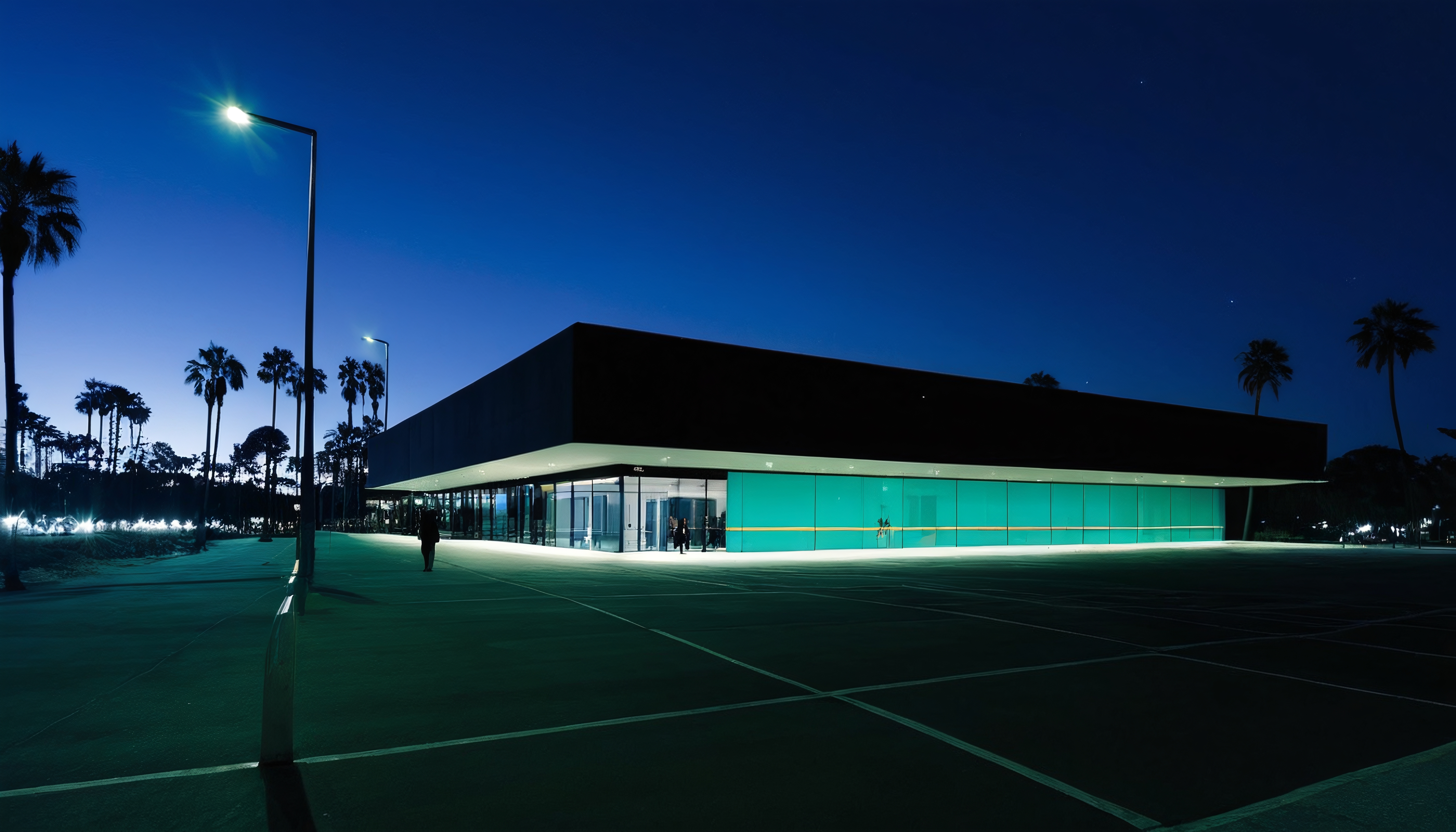 Nighttime view of a modern building with glowing windows and surrounding palm trees.