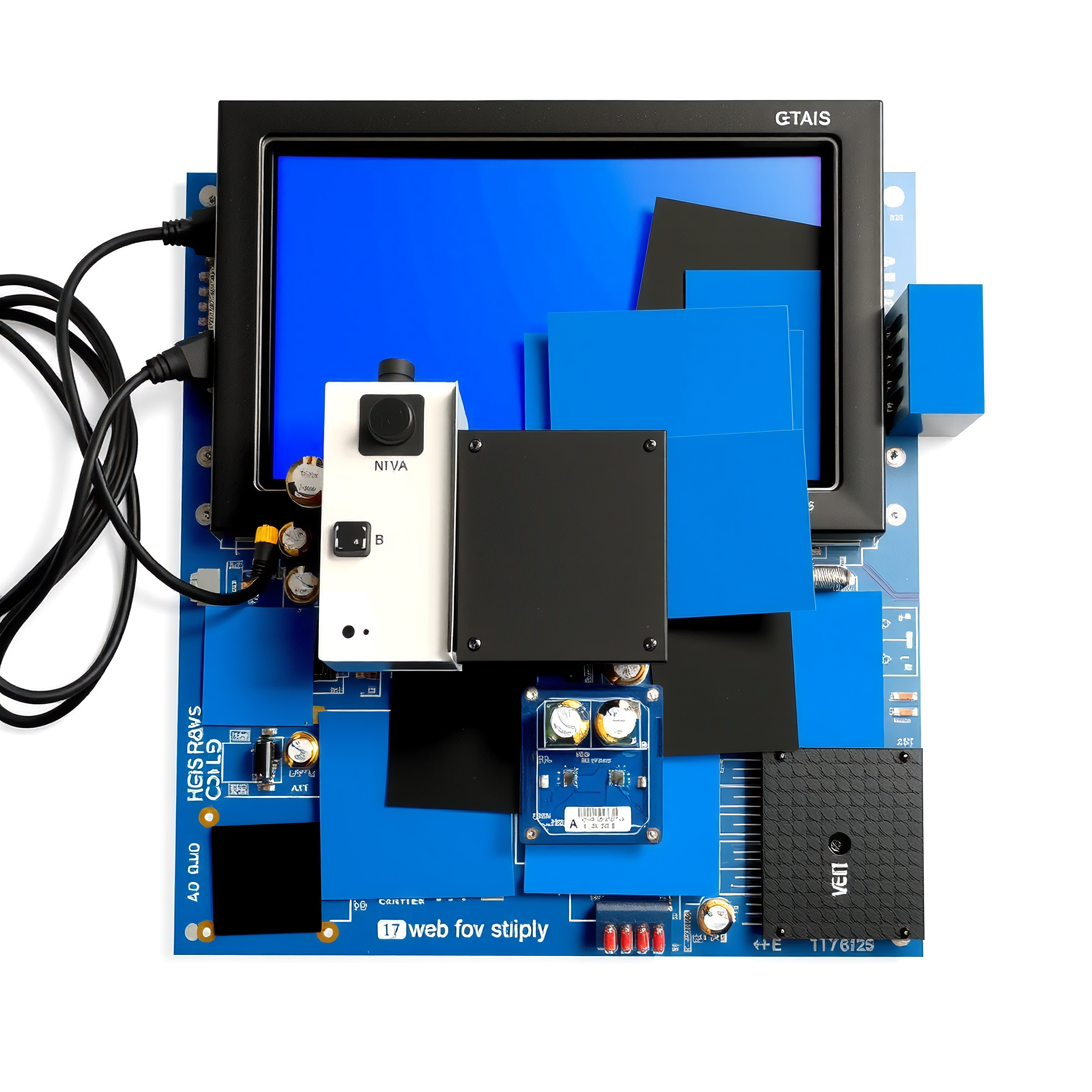 A complex circuit board features a screen, cables, and various electronic components.