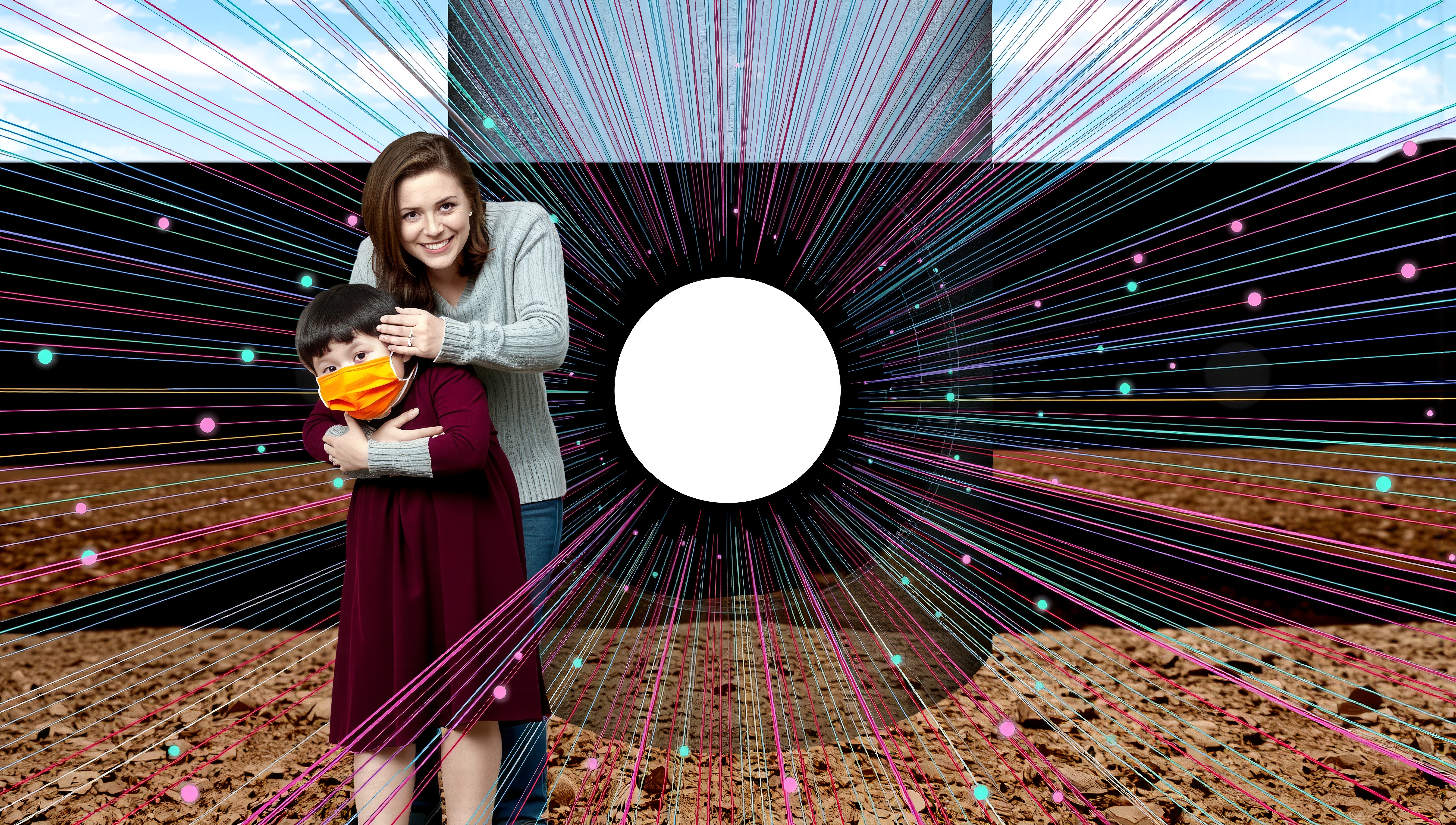 A woman hugging a masked child stands in front of a vibrant digital design with colorful lines and geometric shapes, contrasting against a natural sky and soil background.