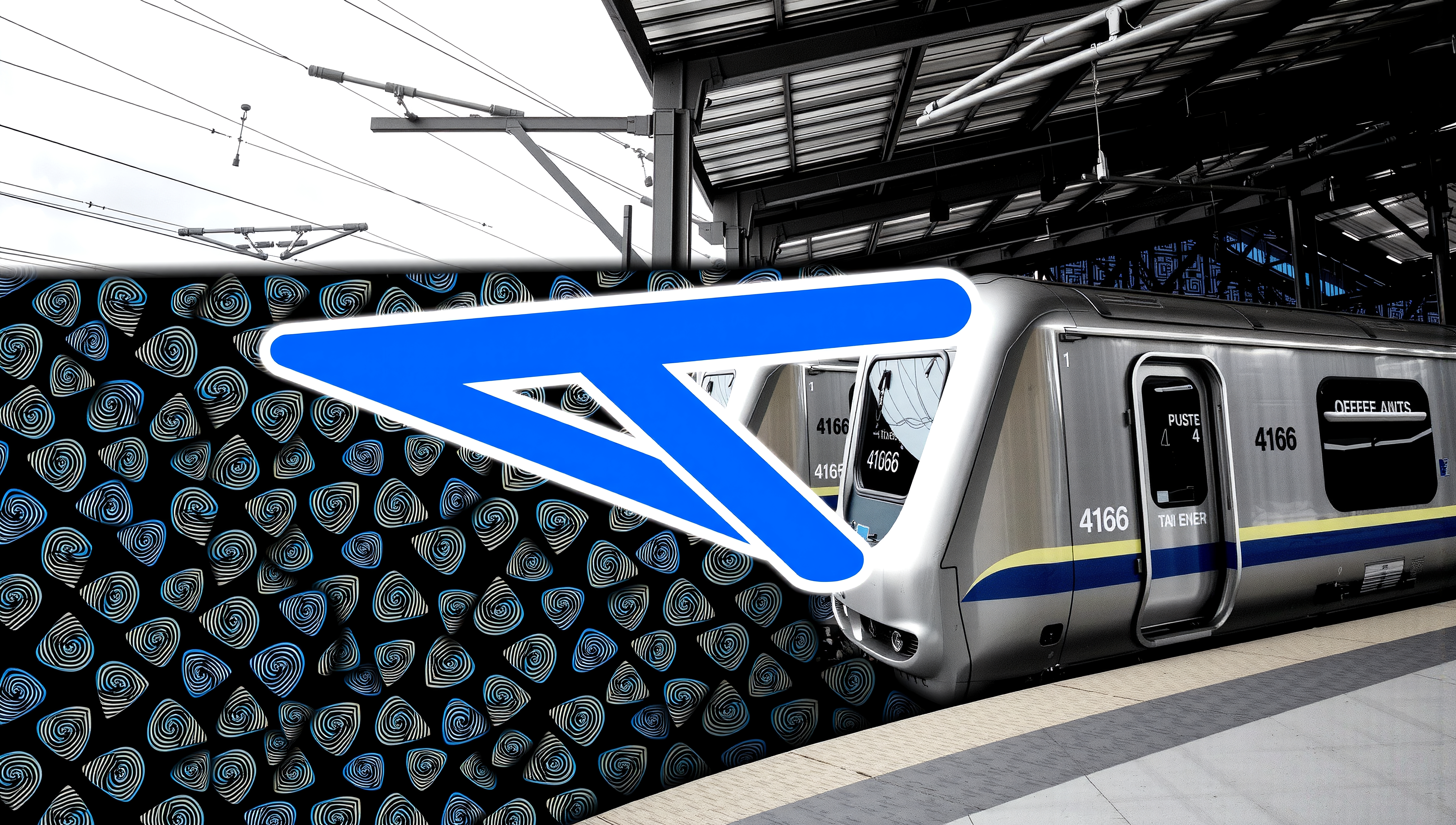 A sleek modern train at a station, featuring a dynamic abstract logo overlay.