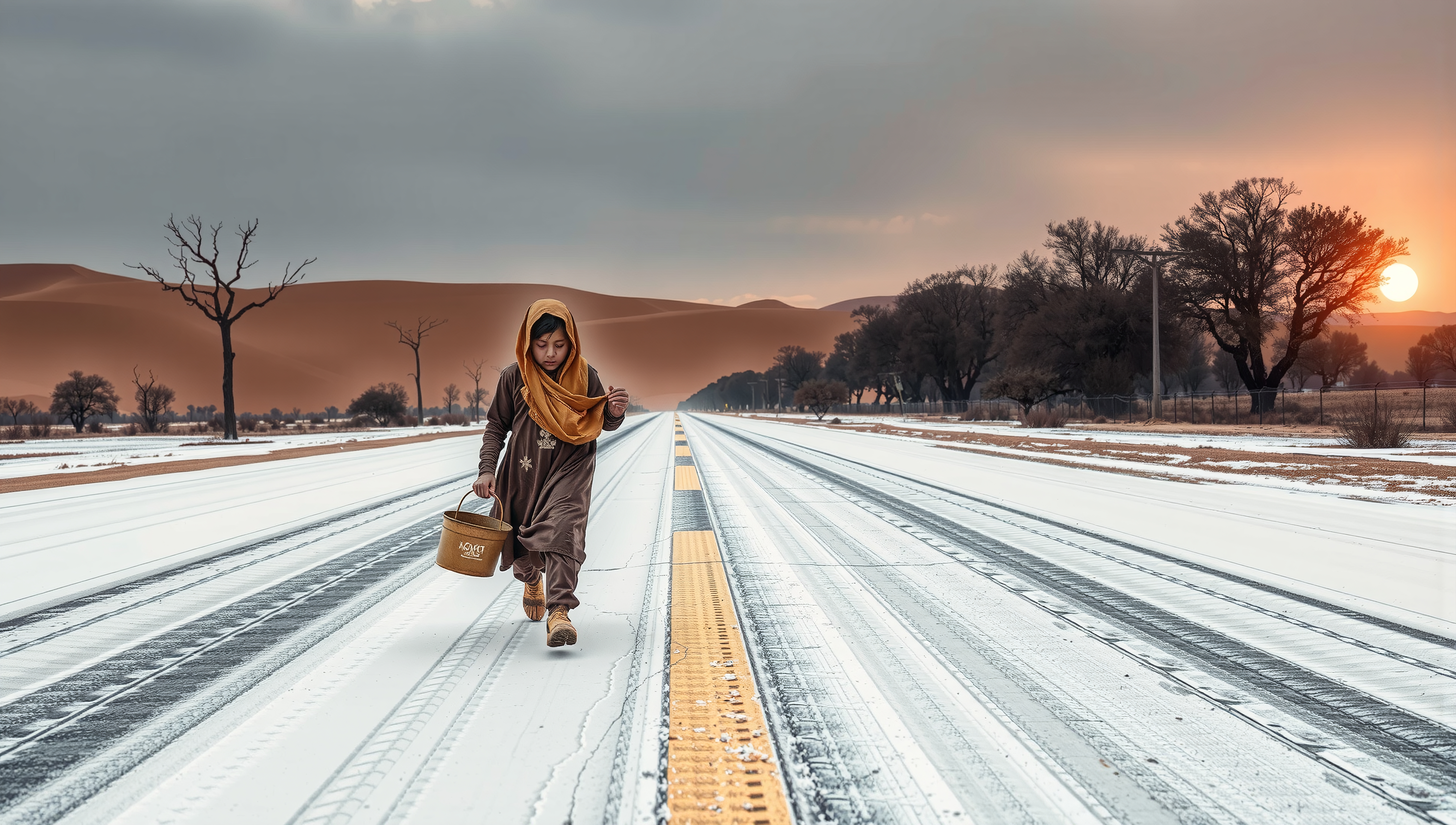 A person walks alone on a snowy road at sunrise.