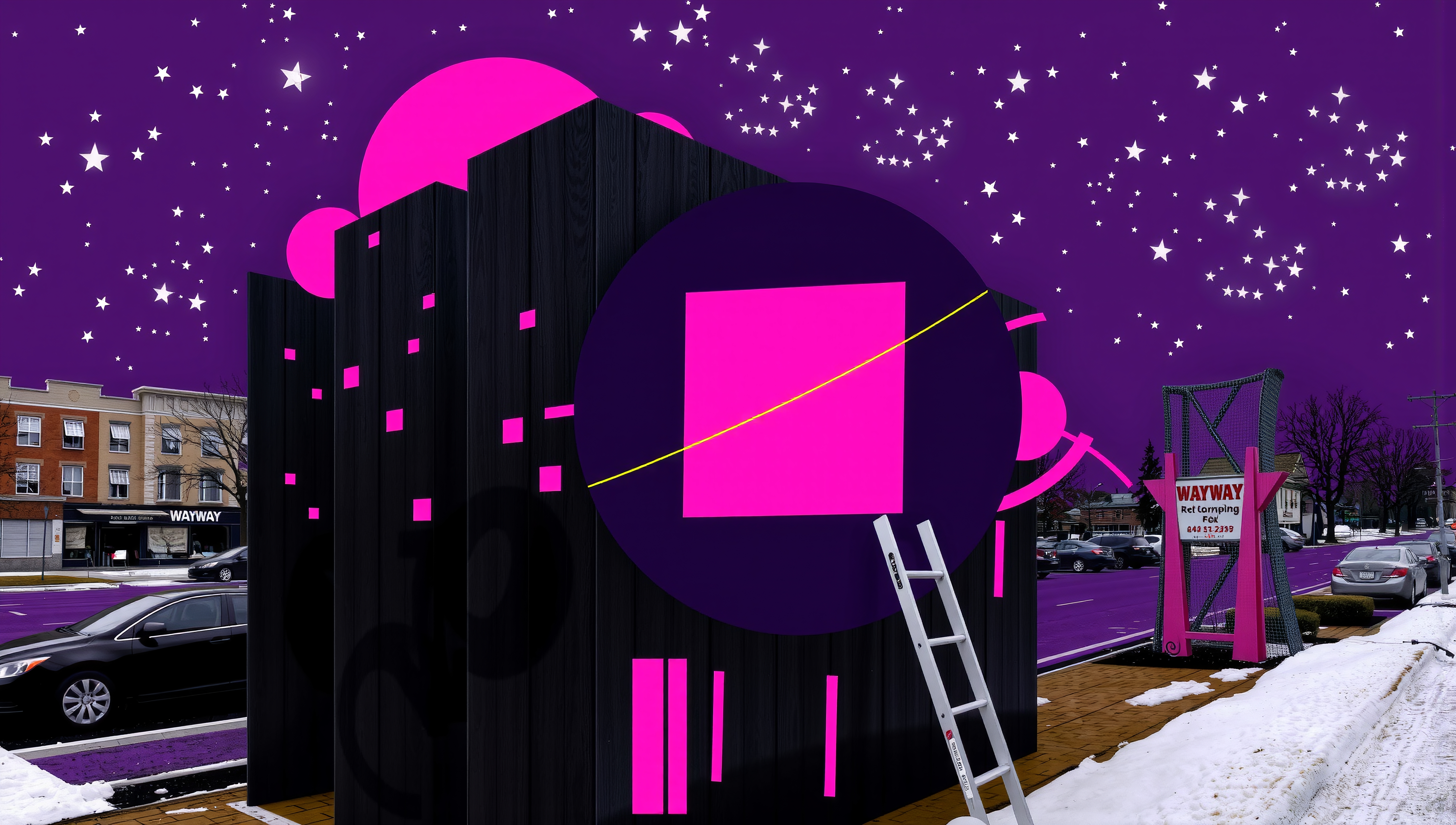 A surreal urban scene with vibrant geometric shapes against a starry purple sky.