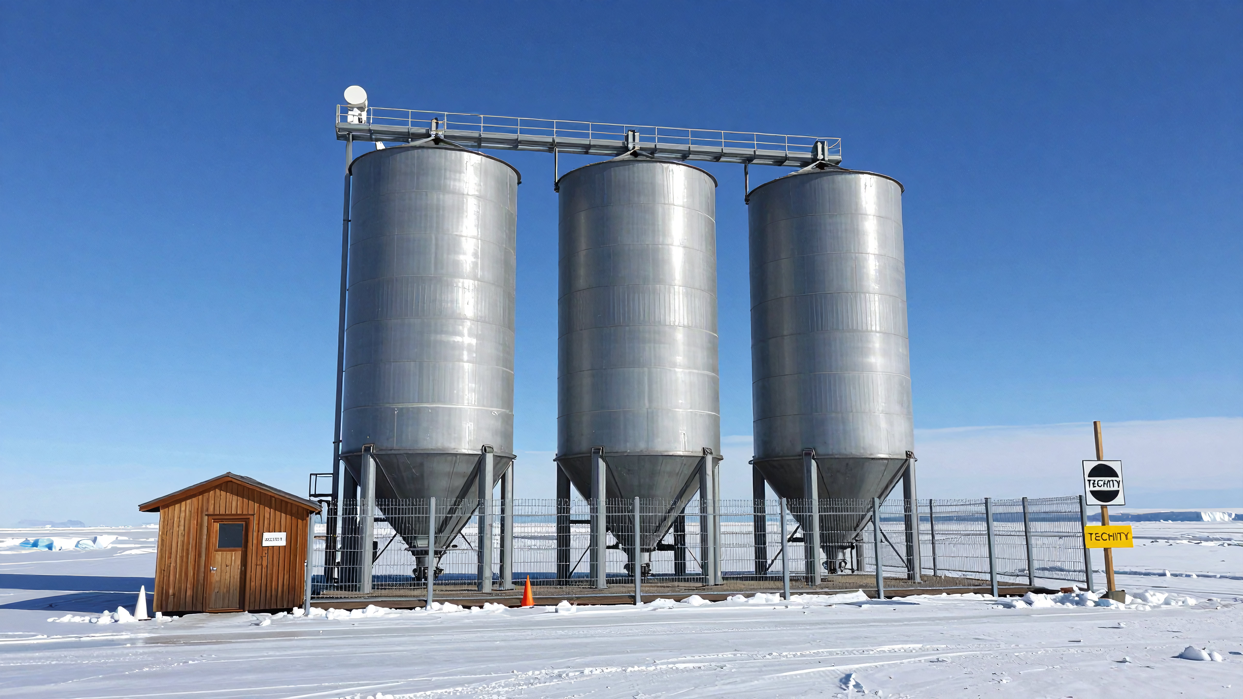 Antarctic industrial silo complex surrounded by snowscape
