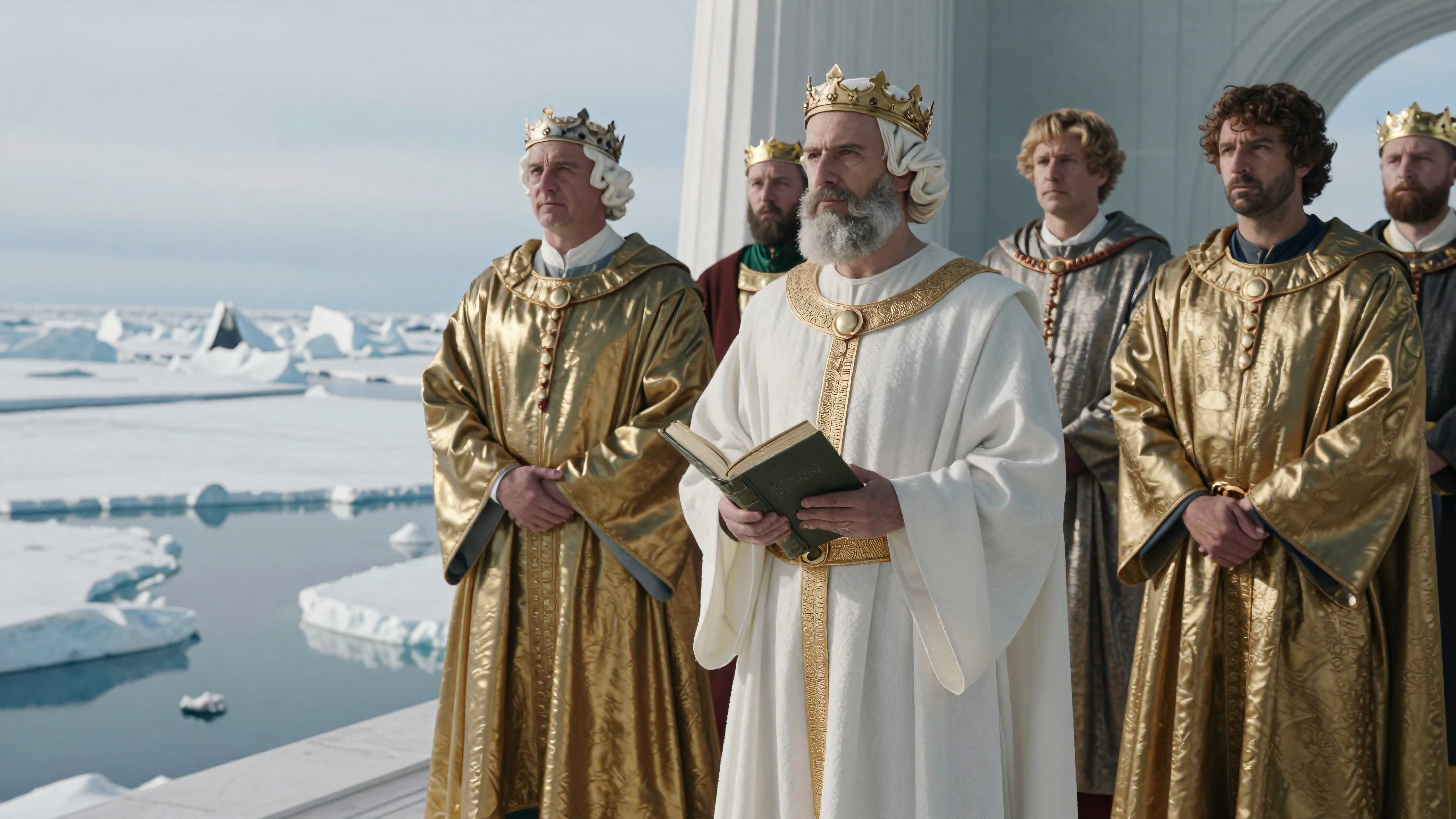 ings gather atop snowy ledge holding ancient tome during ceremonial event amidst polar wilderness