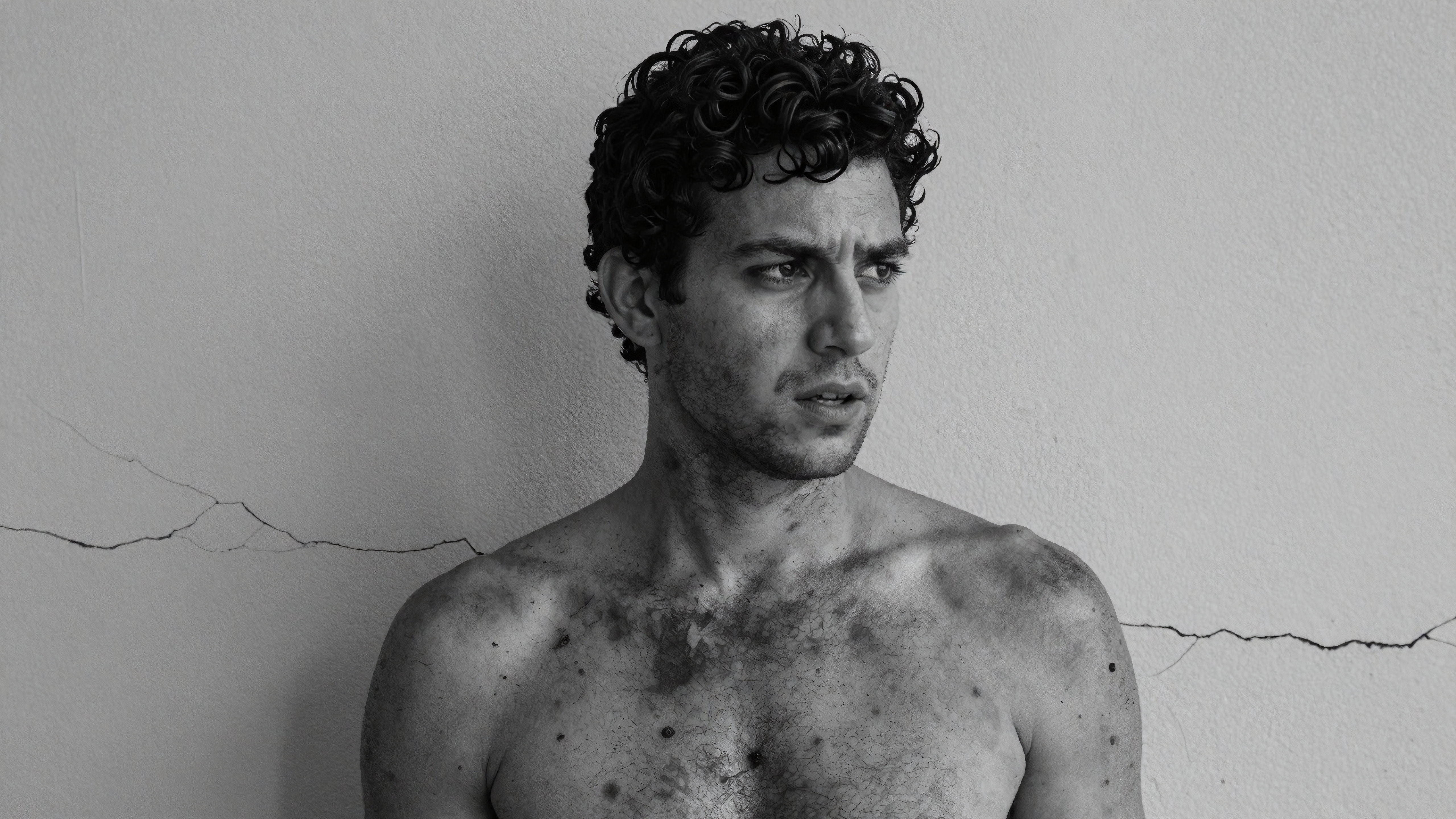 Shirtless man with curly hair leaning against cracked white wall in black and white portrait