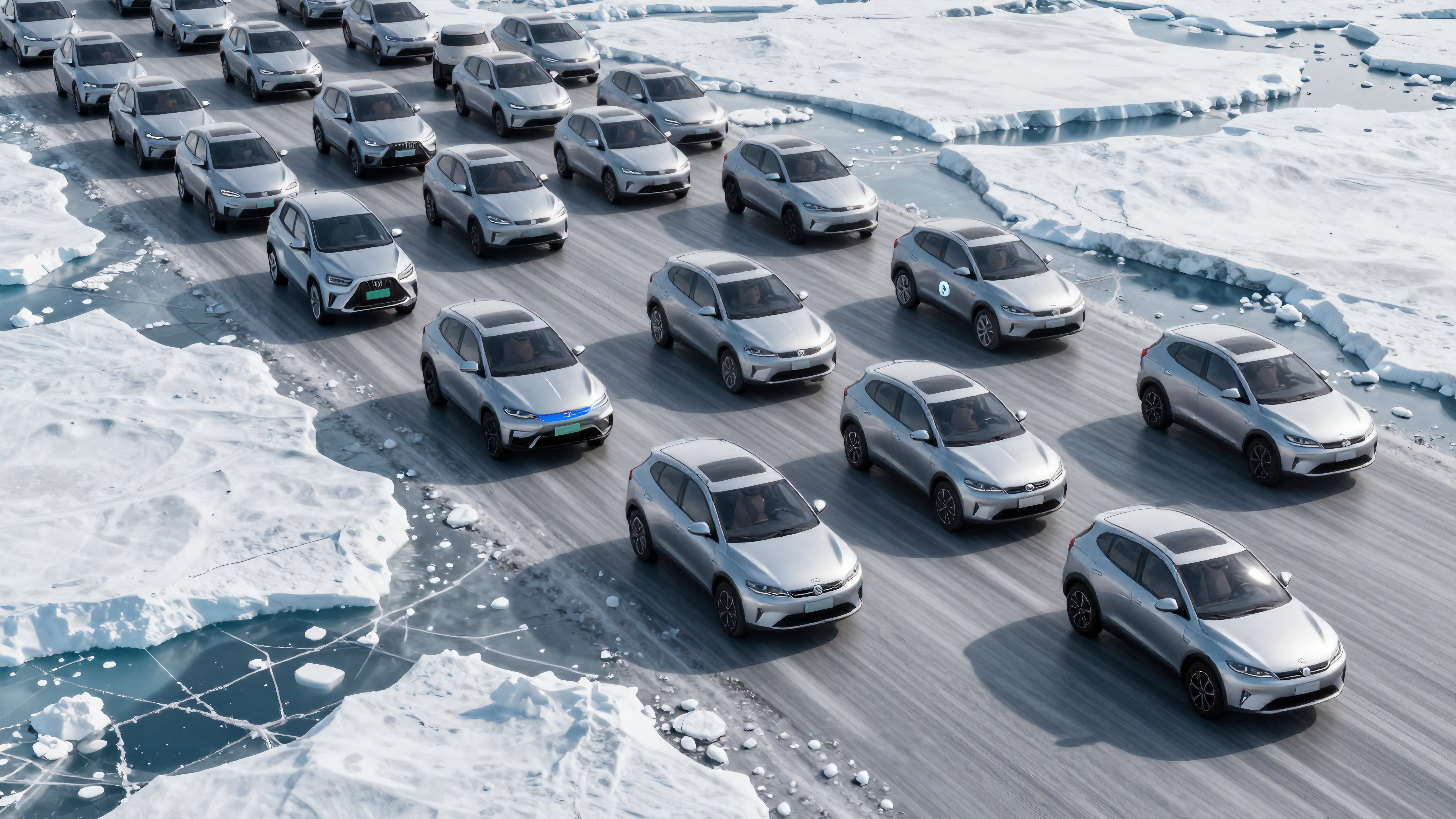 Fleet of electric cars cruising across icy Arctic roads during winter testing