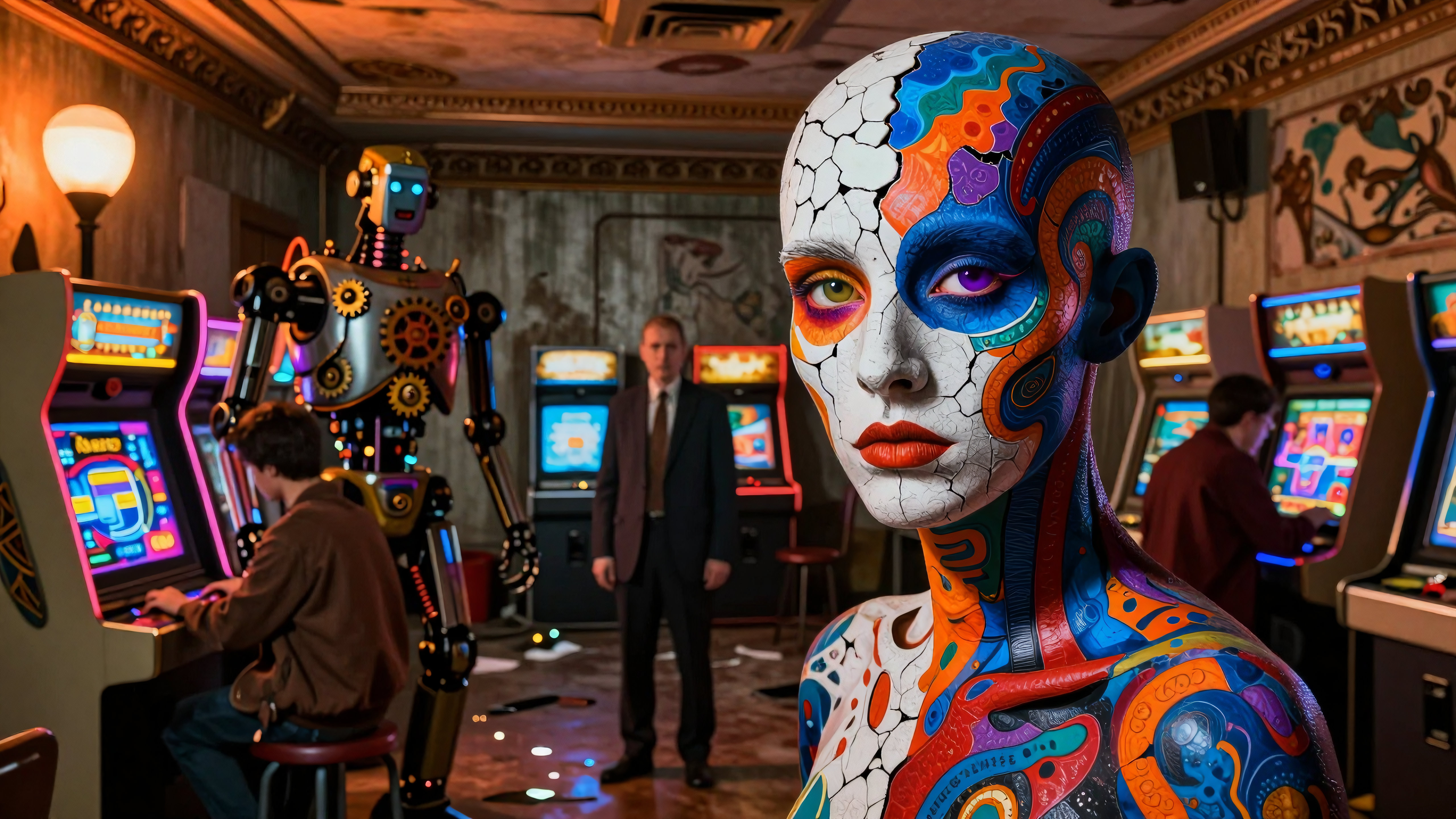 Cyberpunk woman with colorful fractured face in retro-future arcade setting