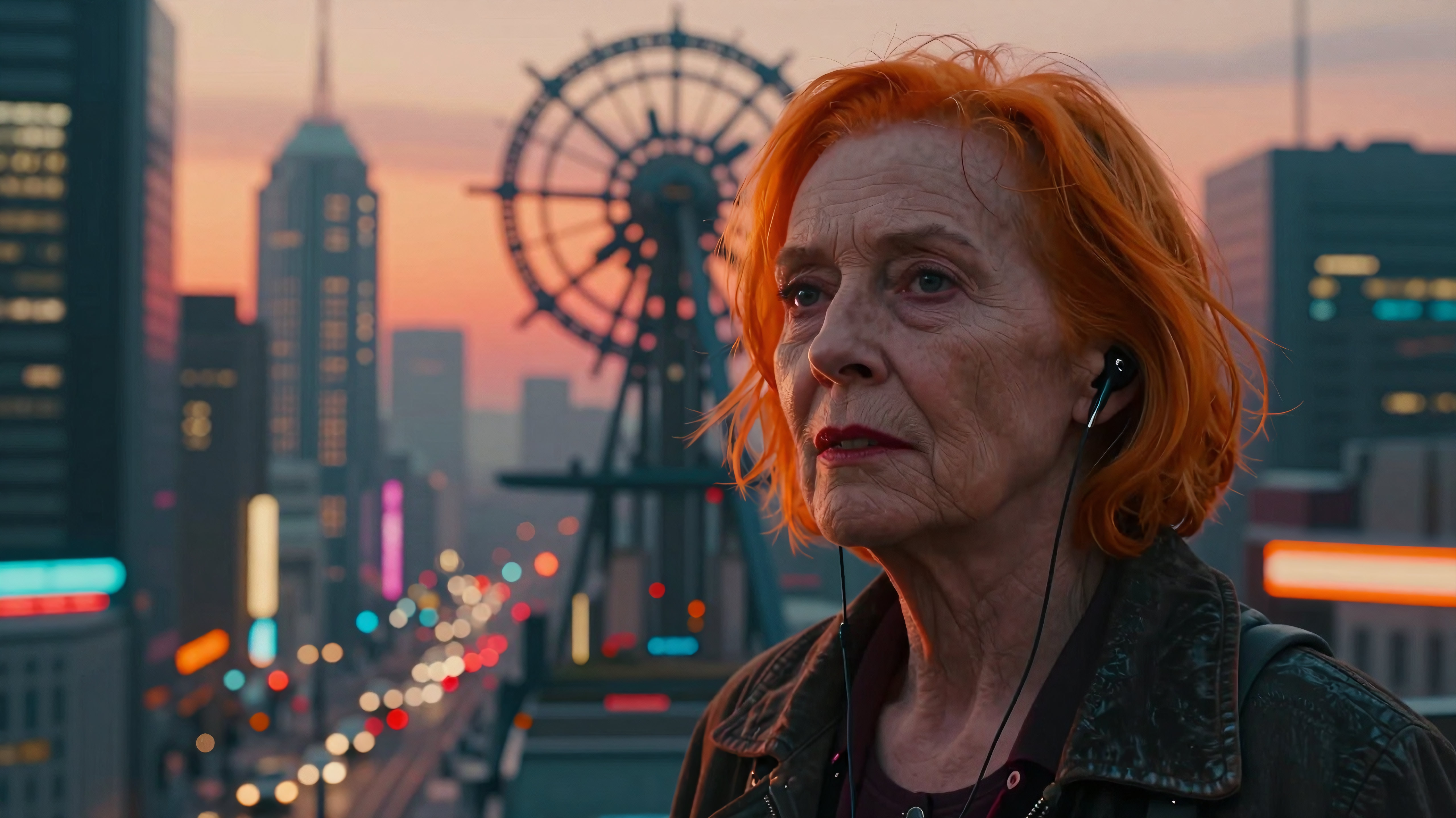 Elderly woman listening to audio while standing alone on rooftop overlooking colorful futuristic city at golden hour