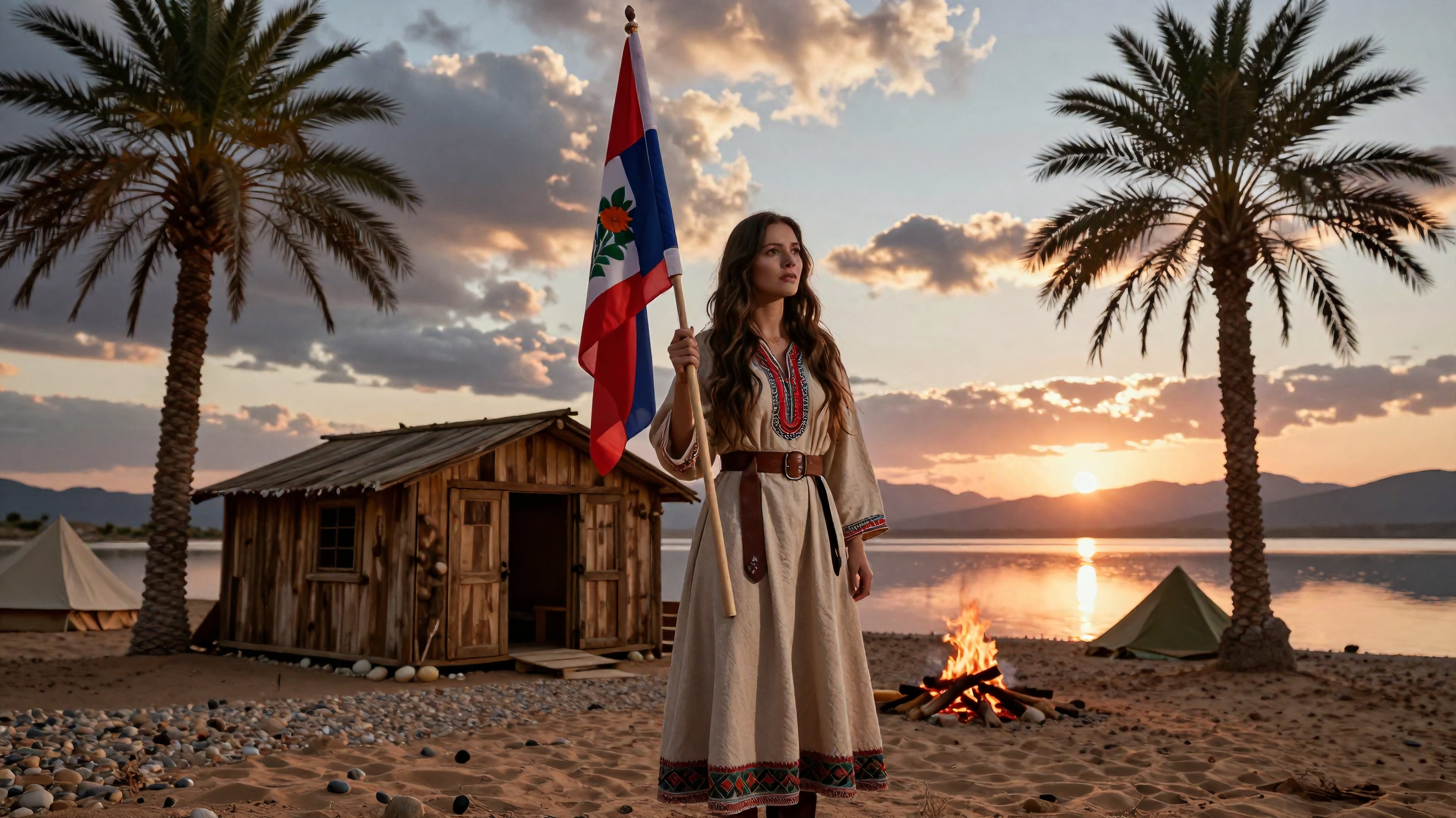 Woman holding Haitian flag at seaside campsite during beautiful sunset with palm trees and bonfire