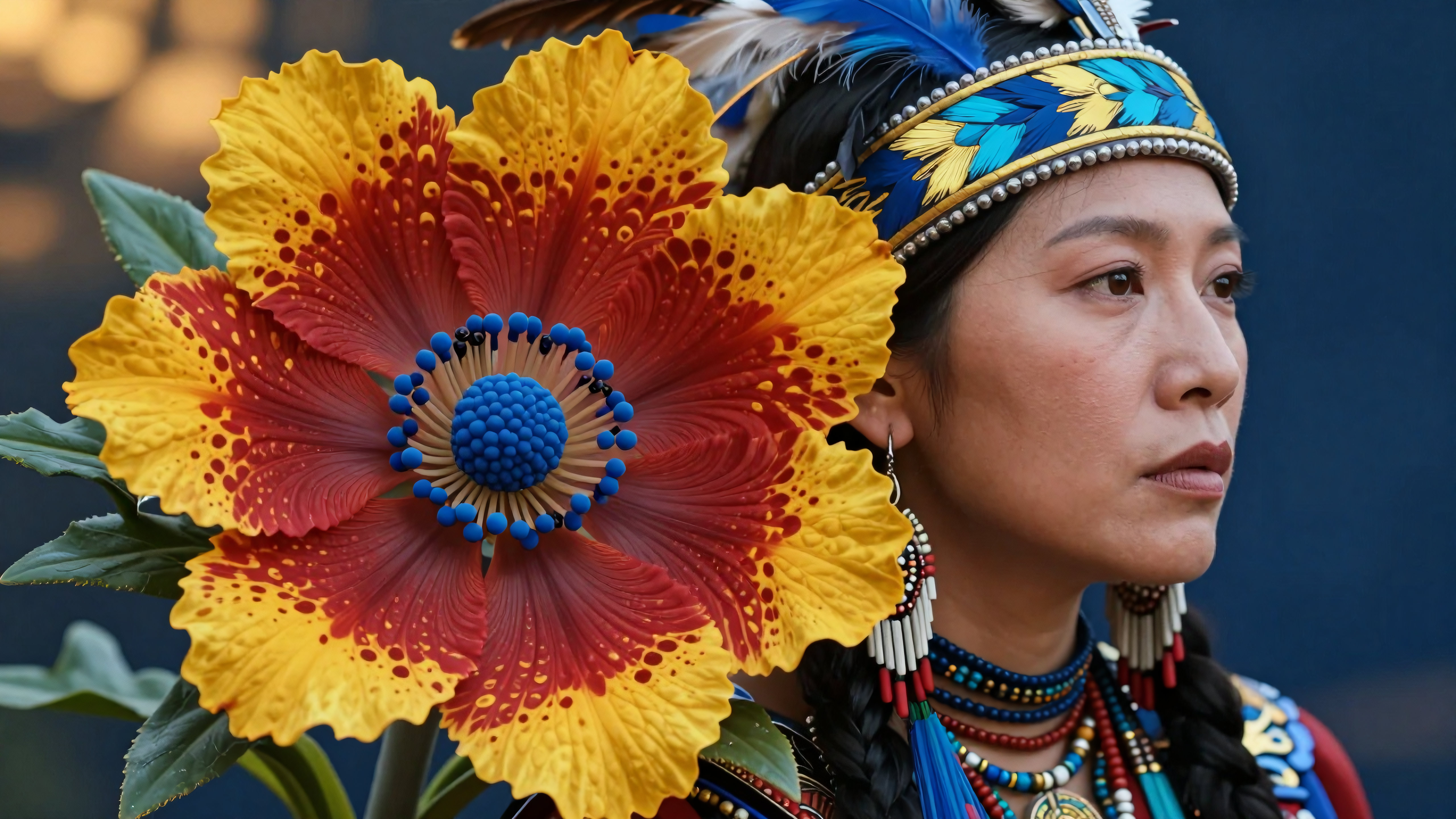 Woman wearing Native American beadwork and feather headdress next to large decorative flower