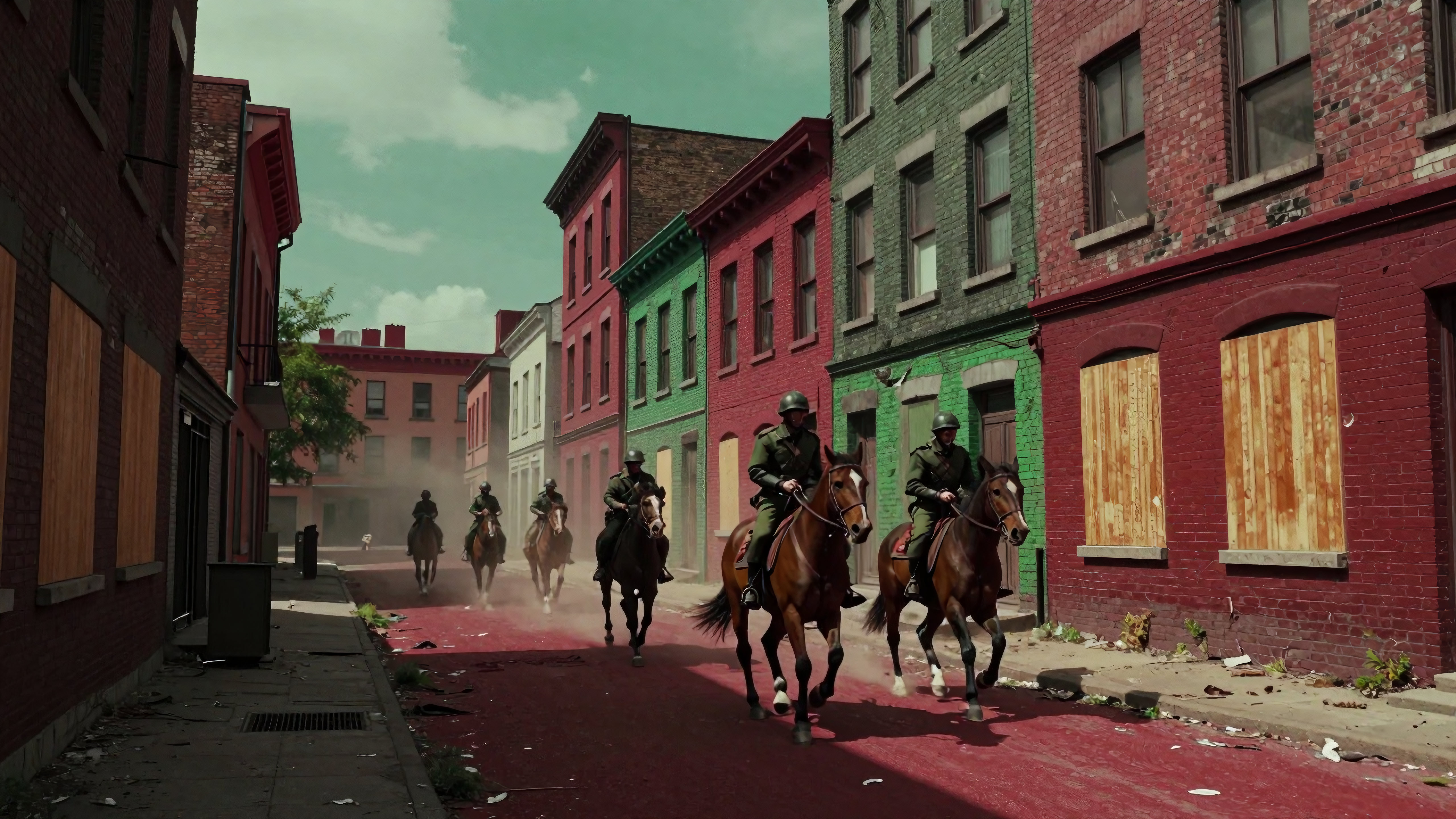 ilitary cavalry riding through ruined urban streets with boarded-up buildings and bloody ground