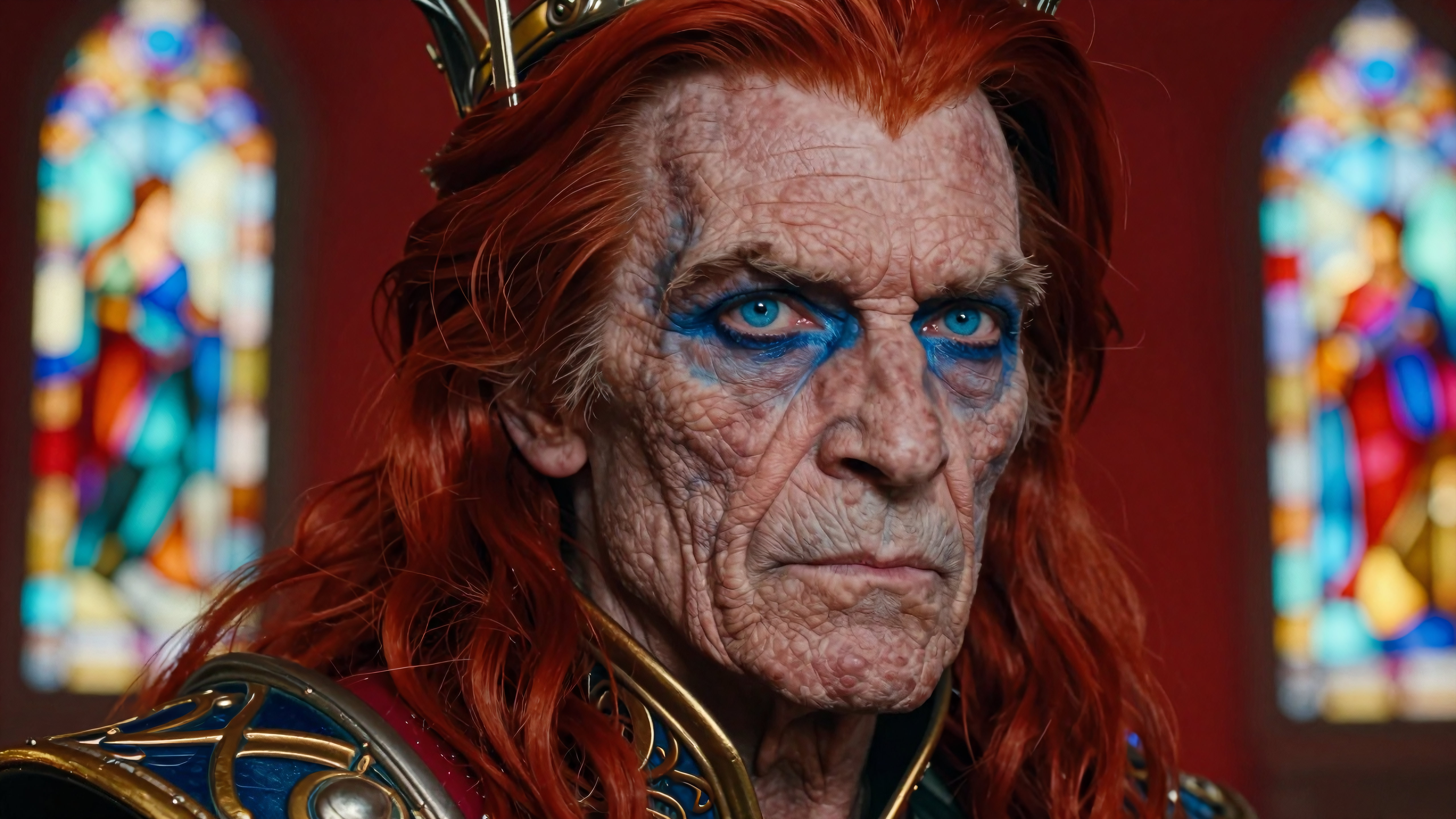 Elderly regal king with blue eyes wearing ornate golden armor standing before stained glass windows